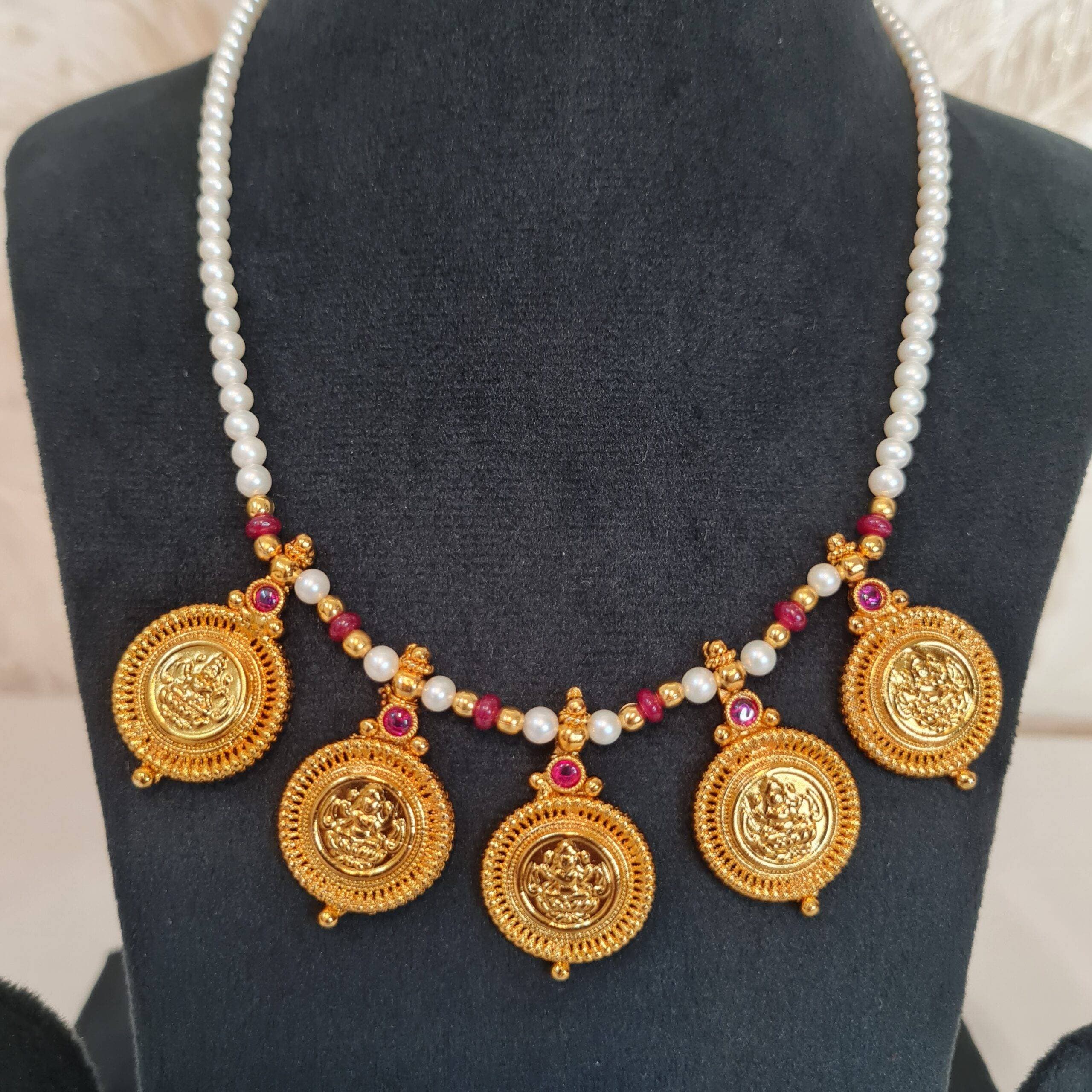 Radiant 4mm Round White Pearls Necklace With Lakshmi Kaasu & SP Ruby Beads - Image 3