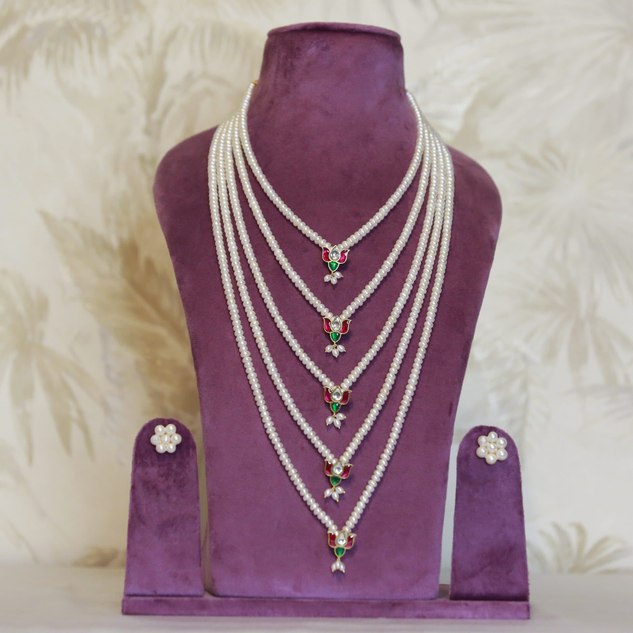 Magnificent 5Layer White Semi-Round Pearl Long Necklace With Kemp Pendants