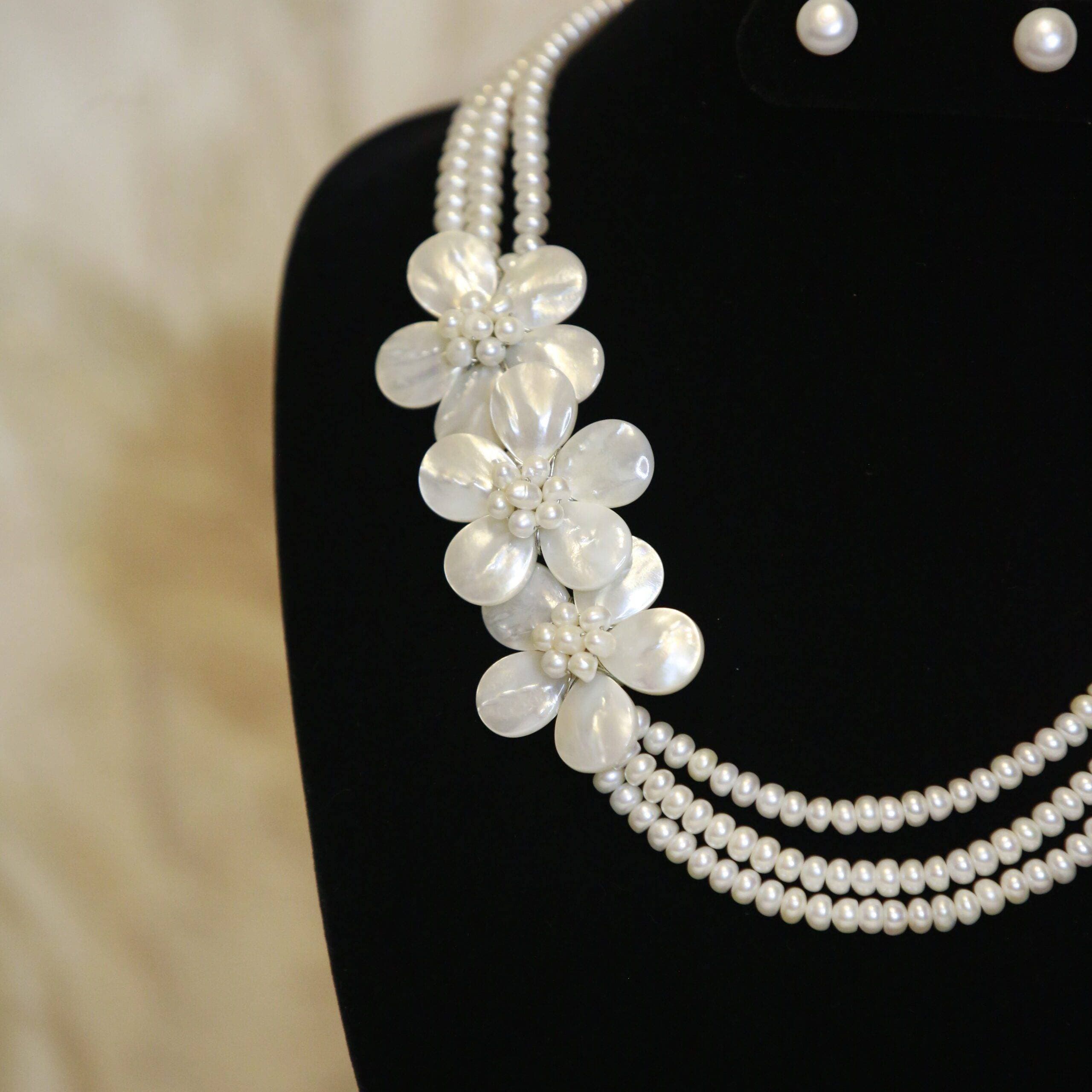 Magnificent 3Row Pearls 21Inch Necklace With White Pearls &MOP Side Pendant - Image 2