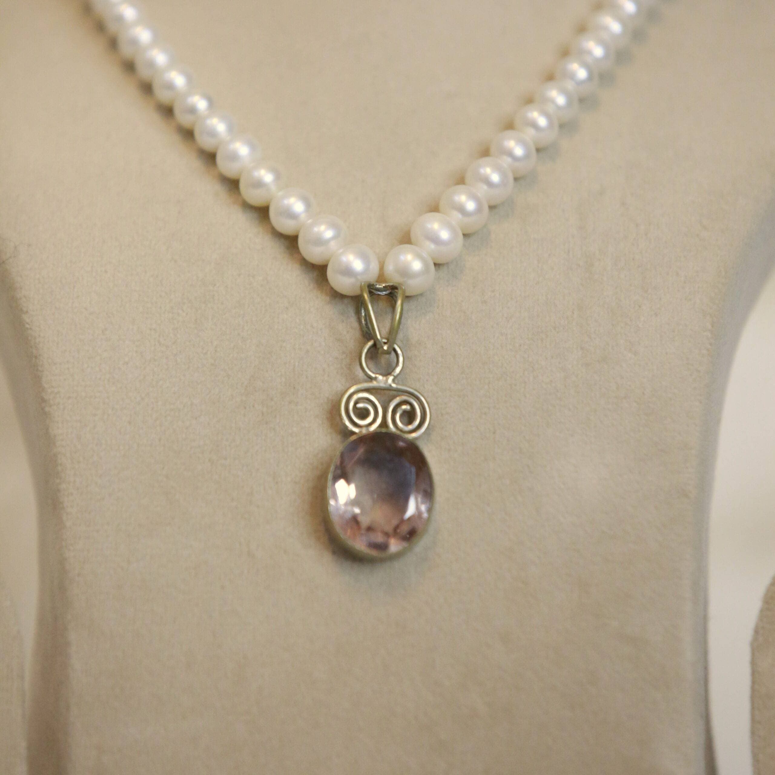 Radiant 4mm -8mm Graduated White Pearl Necklace With Citrine Quartz Silver Pendant - Image 2