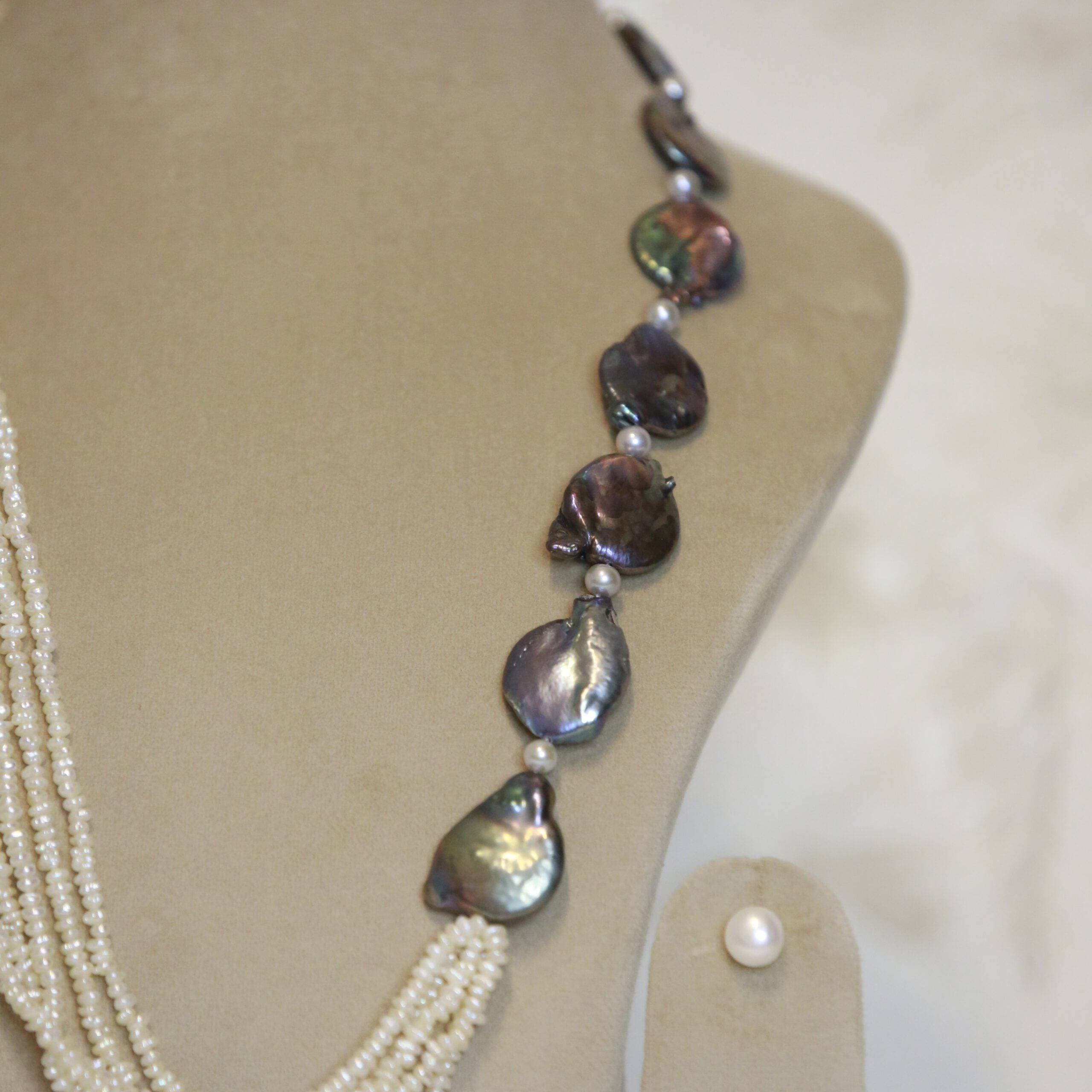 Luminous 5Line White Baroque Pearl 26Inch Necklace With Bluish Grey Pearls - Image 2