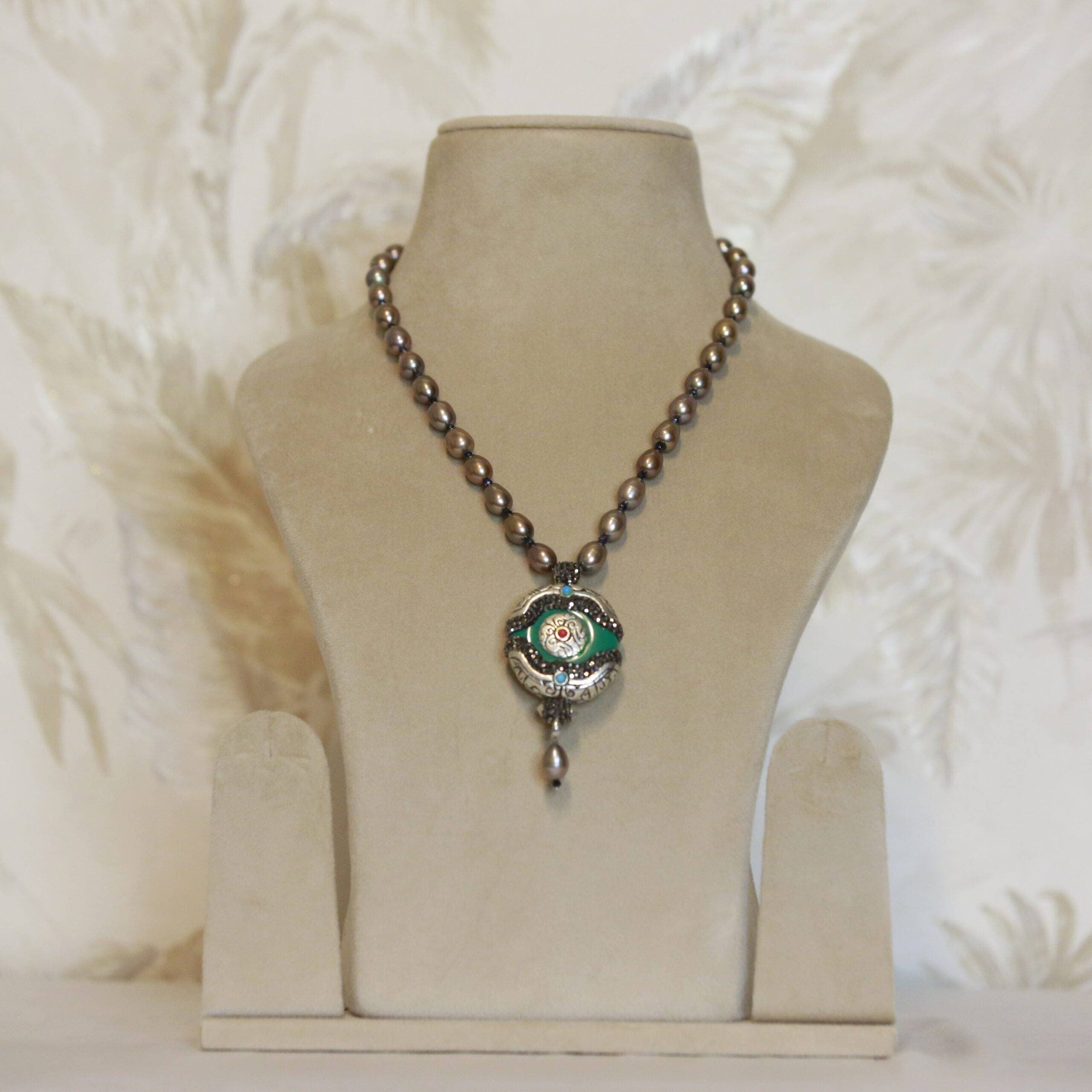 Captivating Light Brown Oval Pearls 19Inch Long Necklace With Vintage Pendant