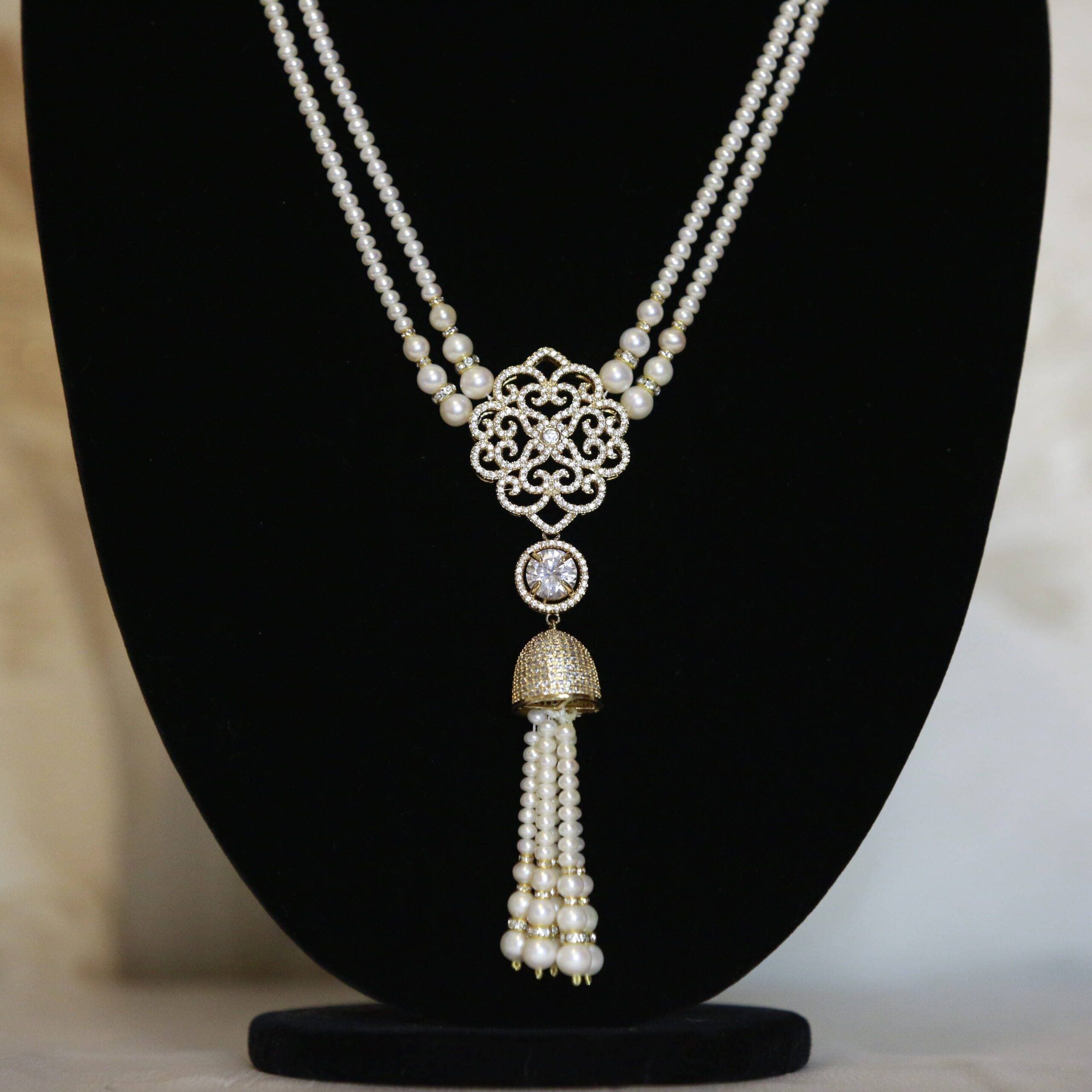 Lovely 2-line White Pearl Necklace With Zircon Pendant & Pearl Tassels - Image 2