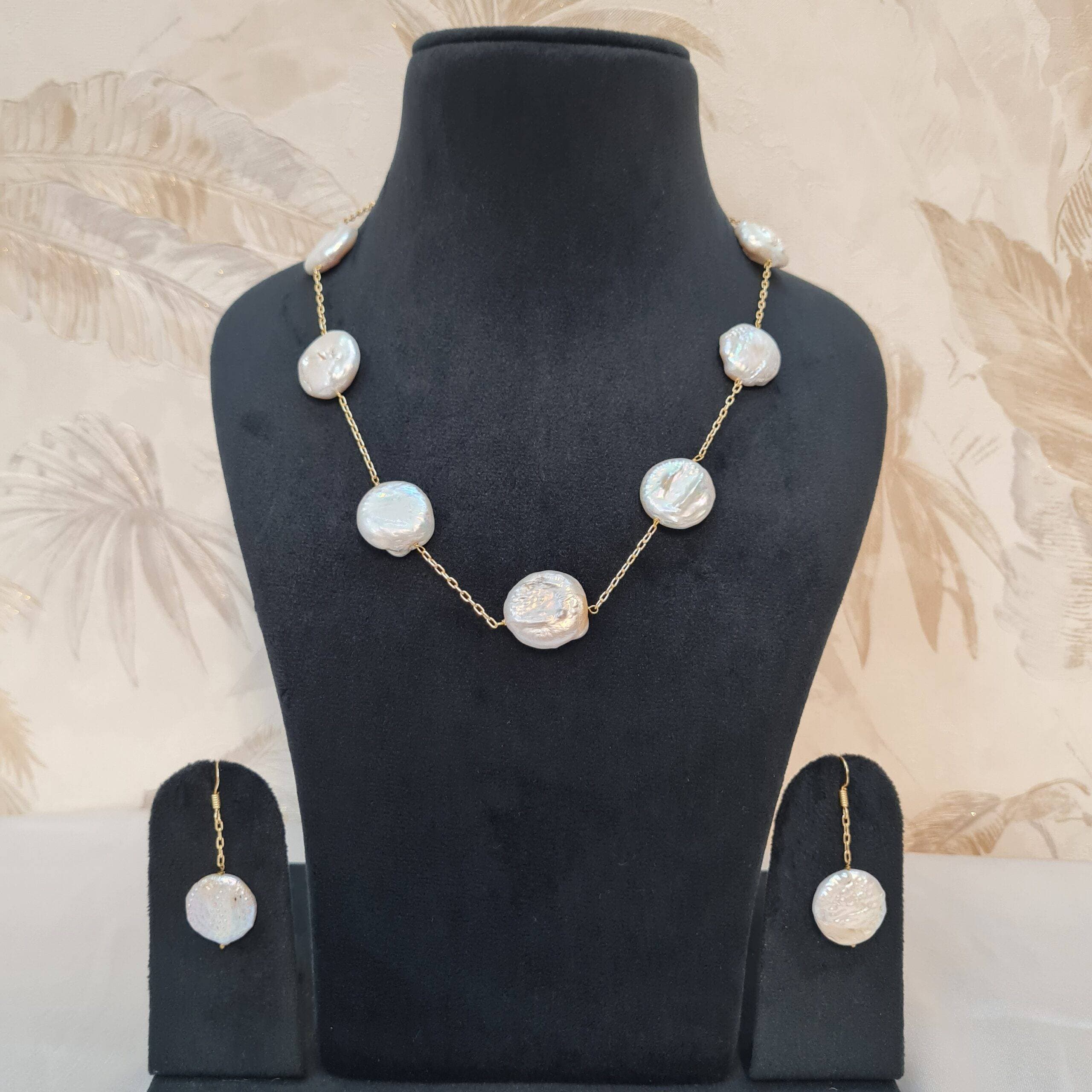 Glamorous White Coin Baroque Pearl 18 Inches Long Necklace