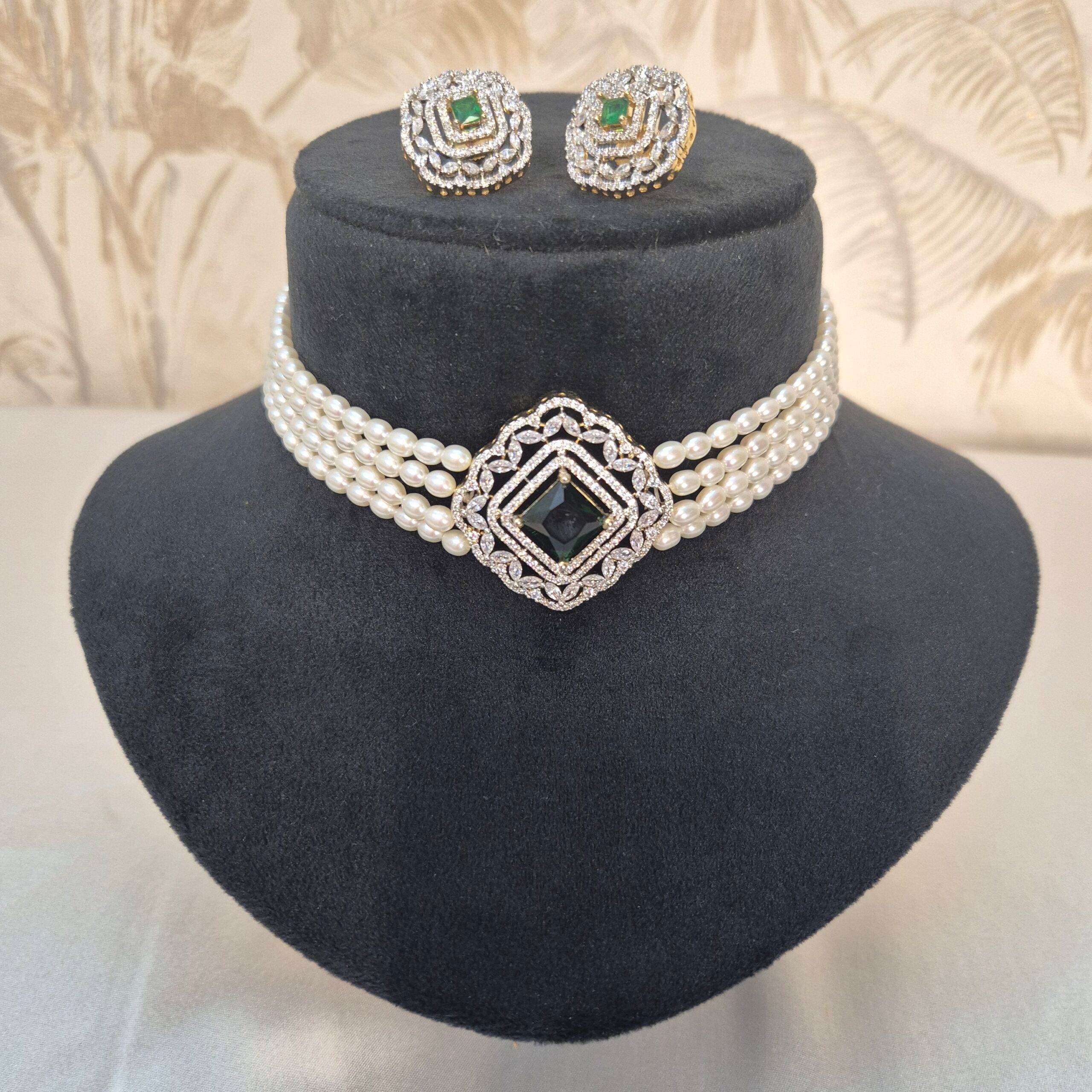Stunning White Oval Pearls Choker With SP Emerald & CZ Pendant