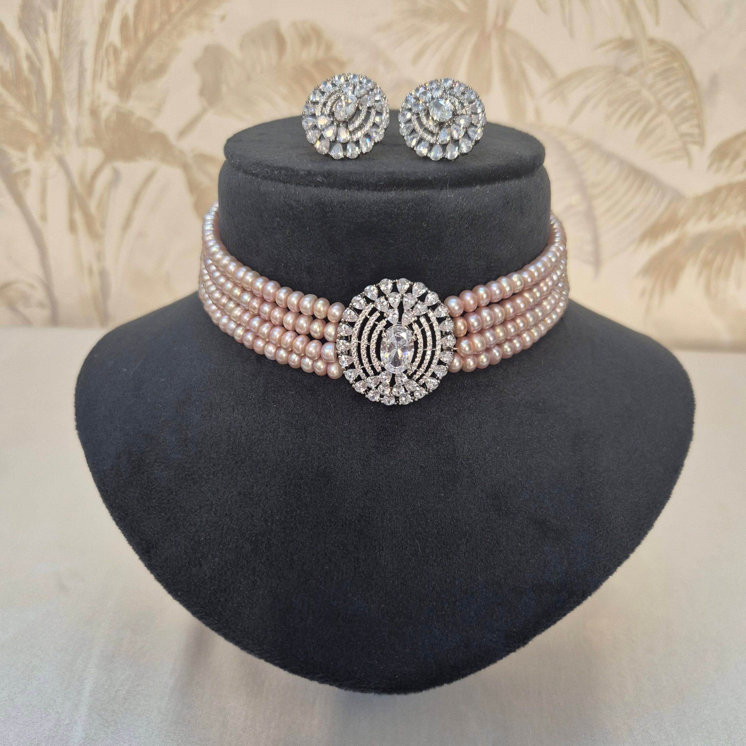 Subtle Multi-line Lavender Semi-round Pearls Choker With Oxidised CZ Pendant