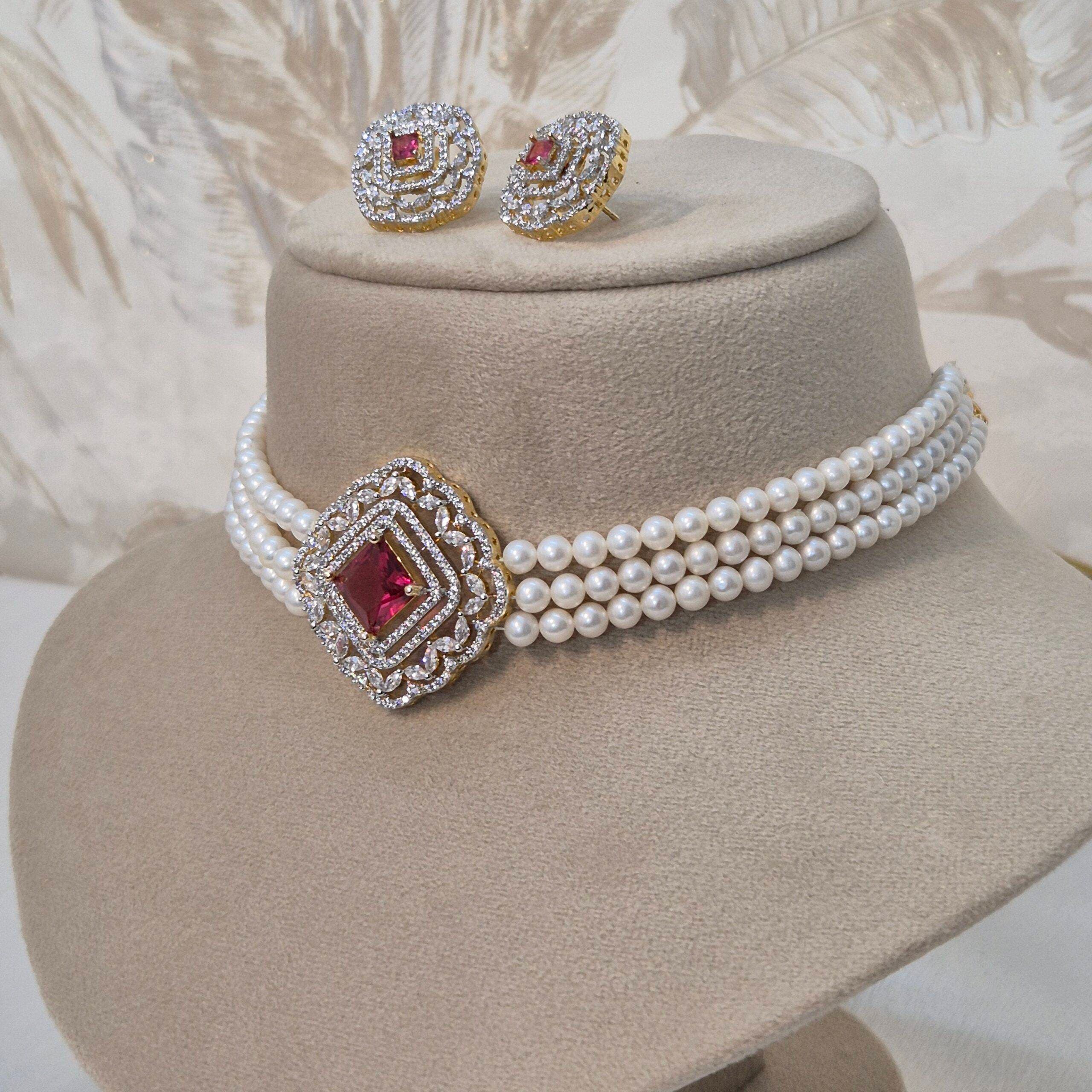 Glamorous White Round Pearls Choker With SP Ruby & CZ Pendant - Image 2