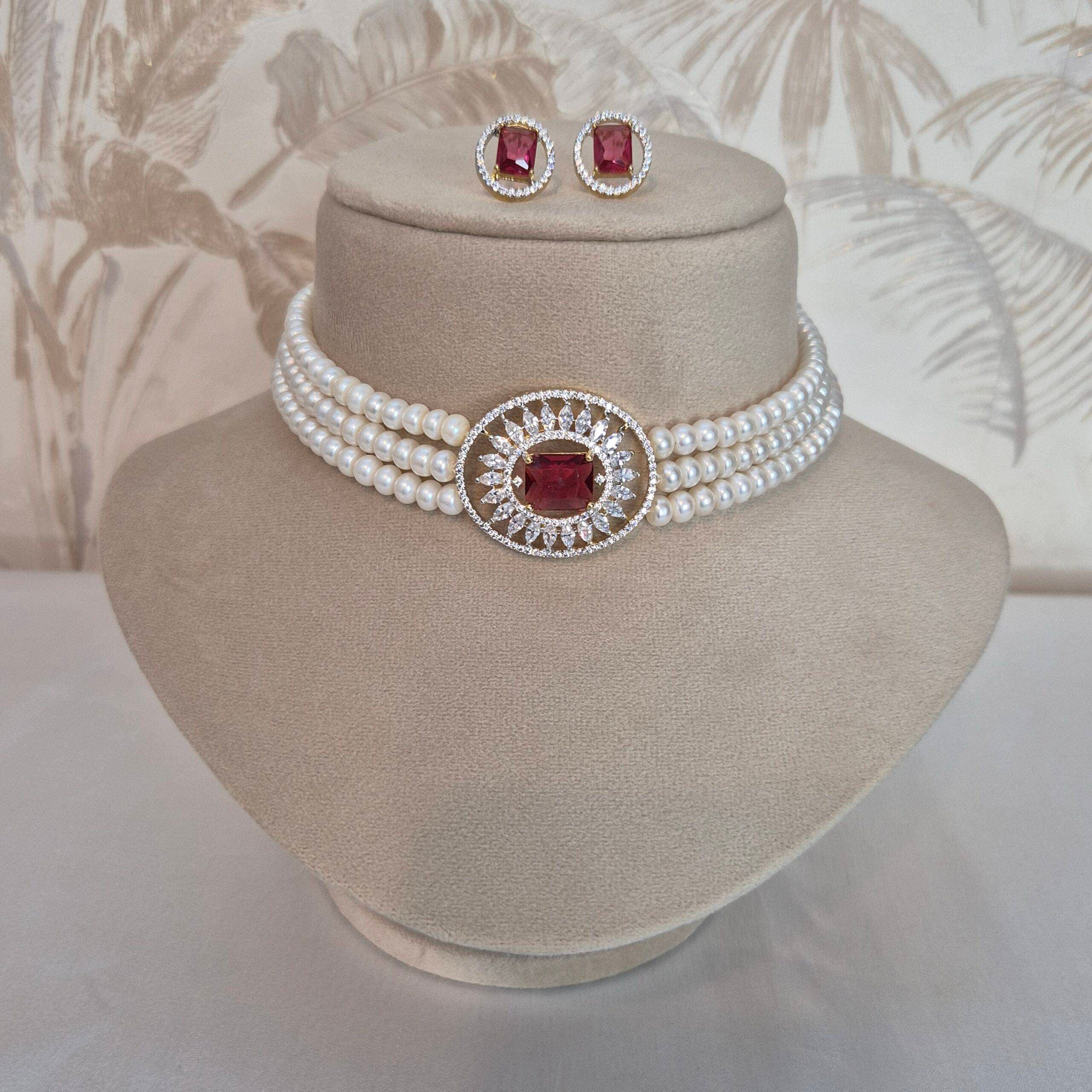 Radiant 6mm 3Line White Semi-Round Pearls Choker With CZ & SP Ruby Pendant