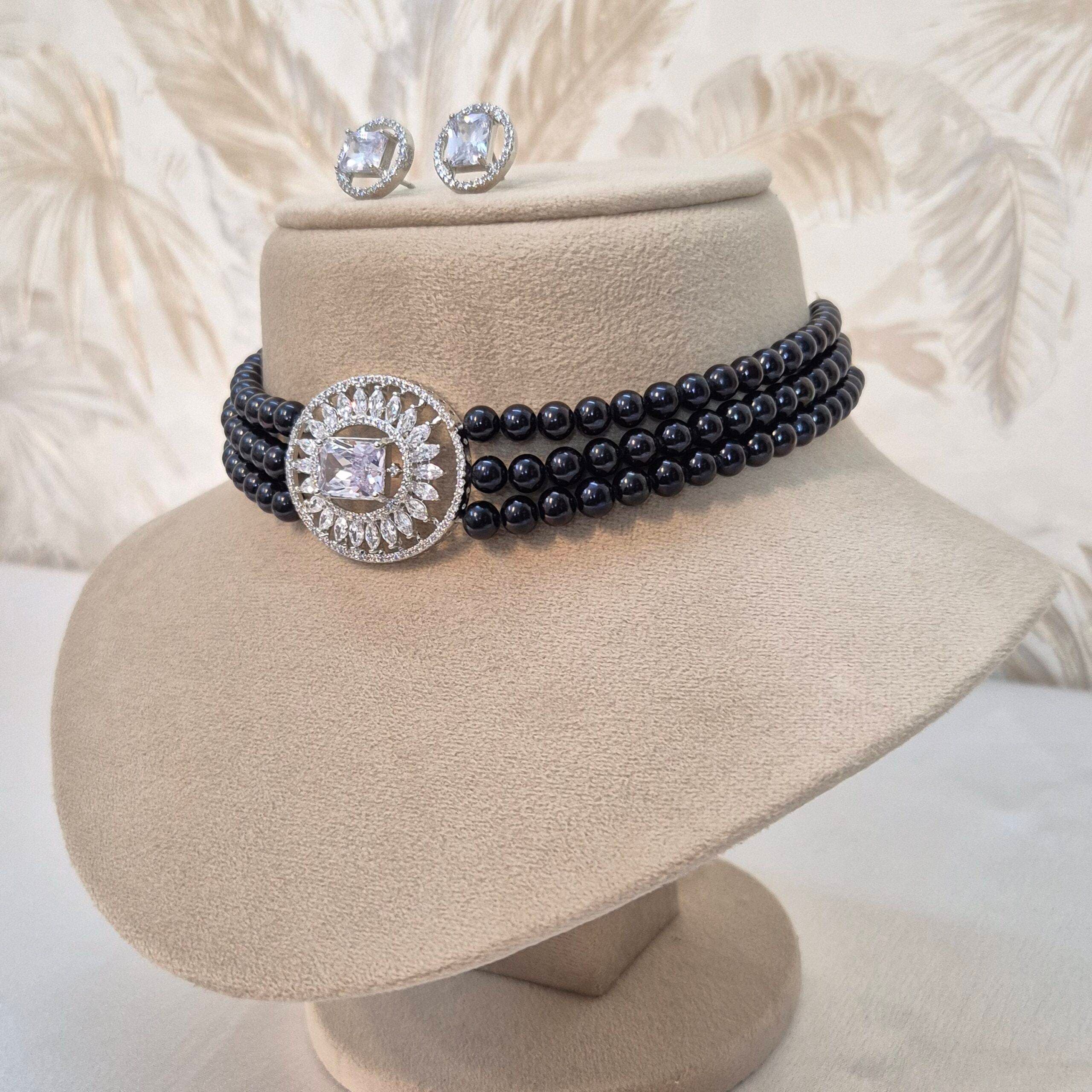 Dazzling 6mm 3Line Black Round Pearls Choker With CZ Pendant - Image 2