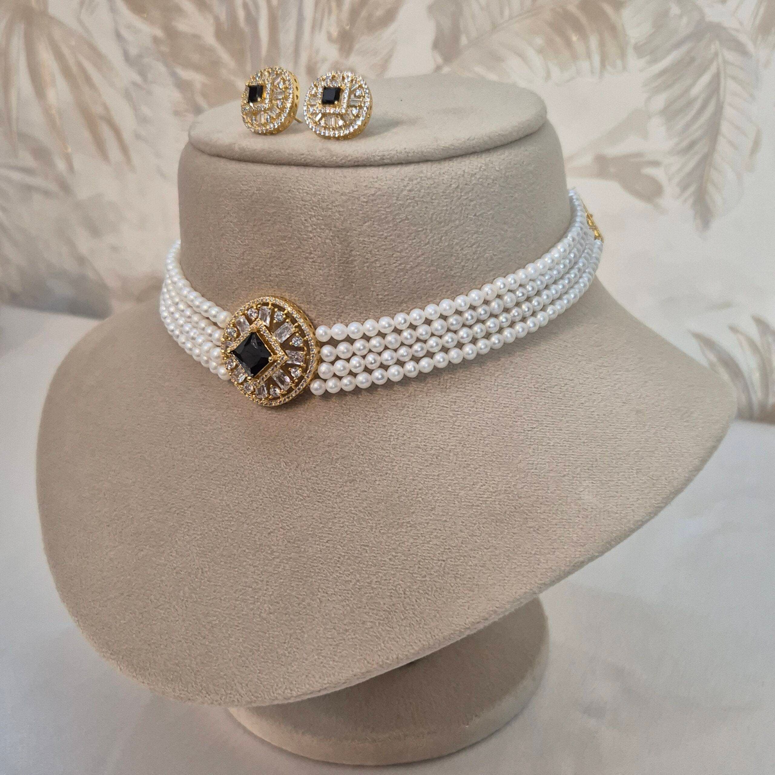 Dainty 4mm White Round Pearls Choker With CZ Pendant & Black Onyx - Image 2