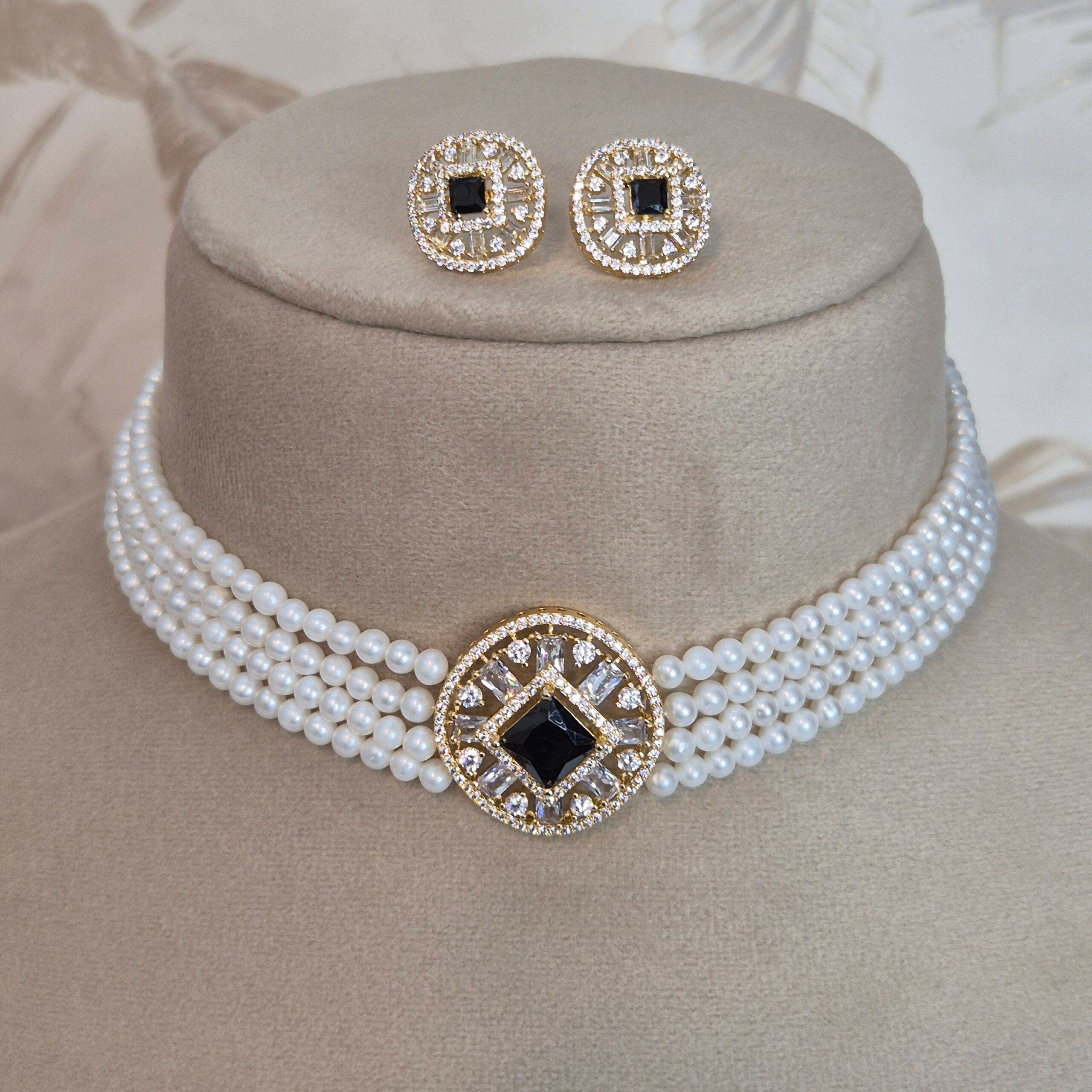 Dainty 4mm White Round Pearls Choker With CZ Pendant & Black Onyx - Image 3