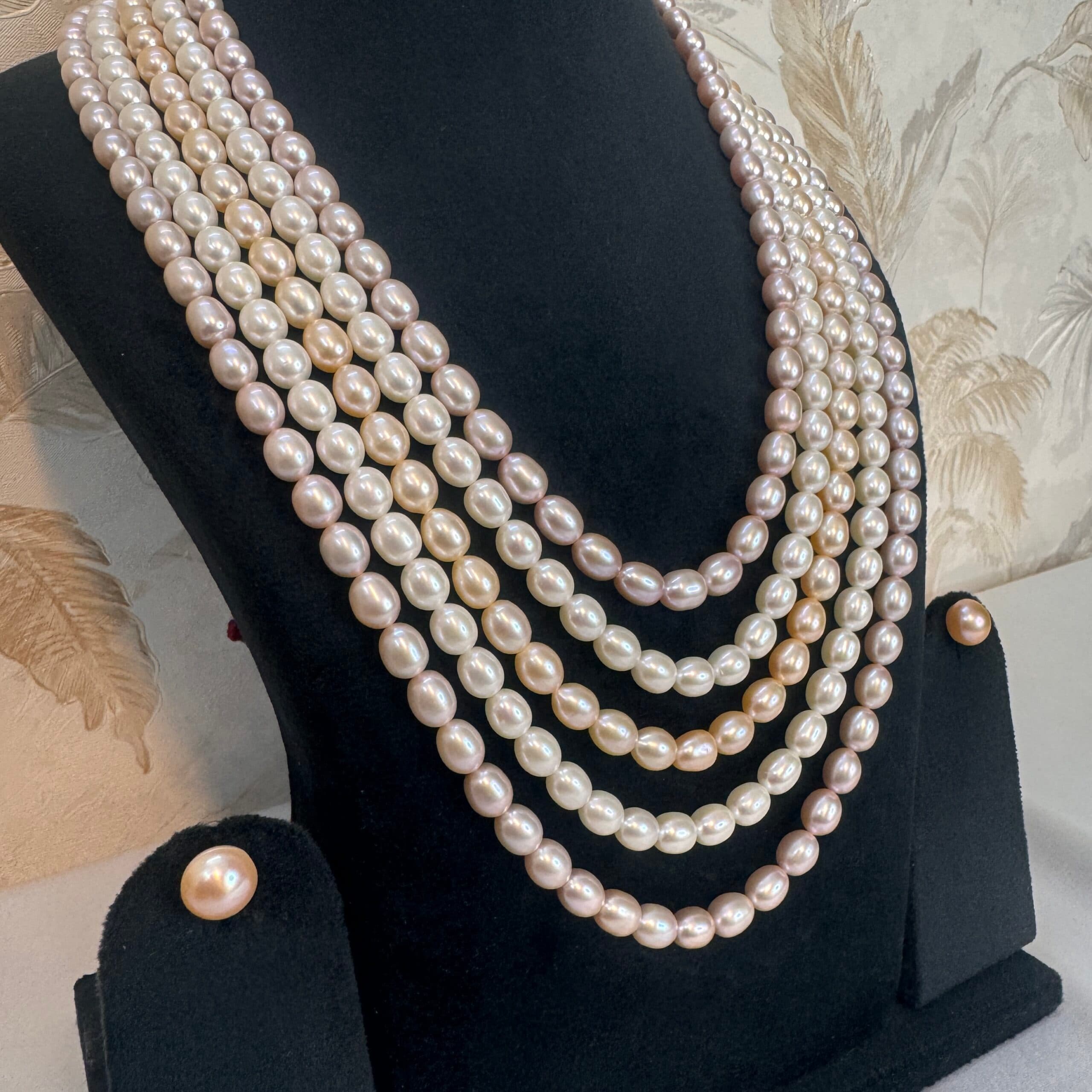 Glamorous Multi-Layer 23Inch Long Necklace With White Peach & Pink Oval Pearls - Image 3