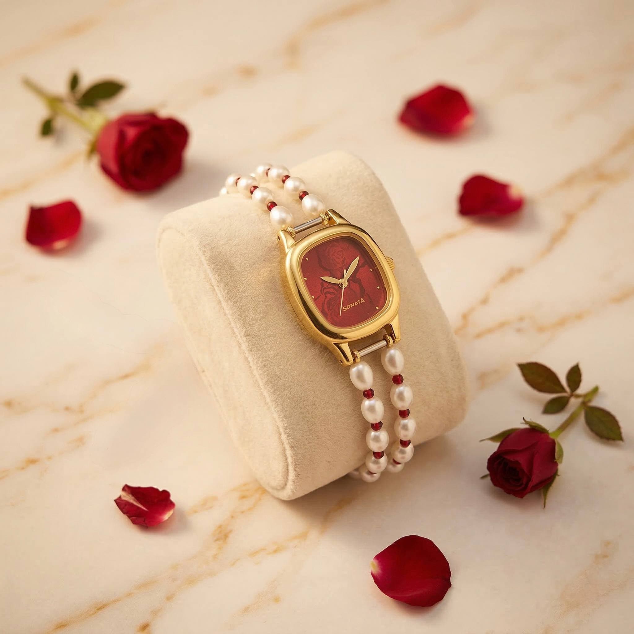 Elegant 2Line 5mm White Oval Pearls Watch With Sonata Dial