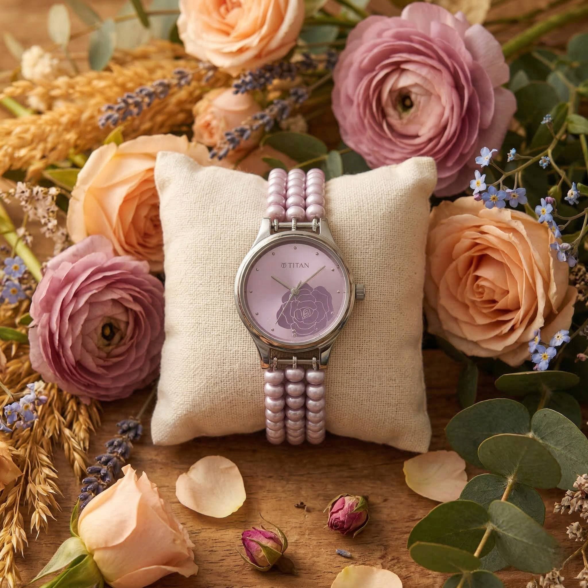 Graceful Triple Line 5mm Light Purple Semi-round Pearls Watch With Titan Dial