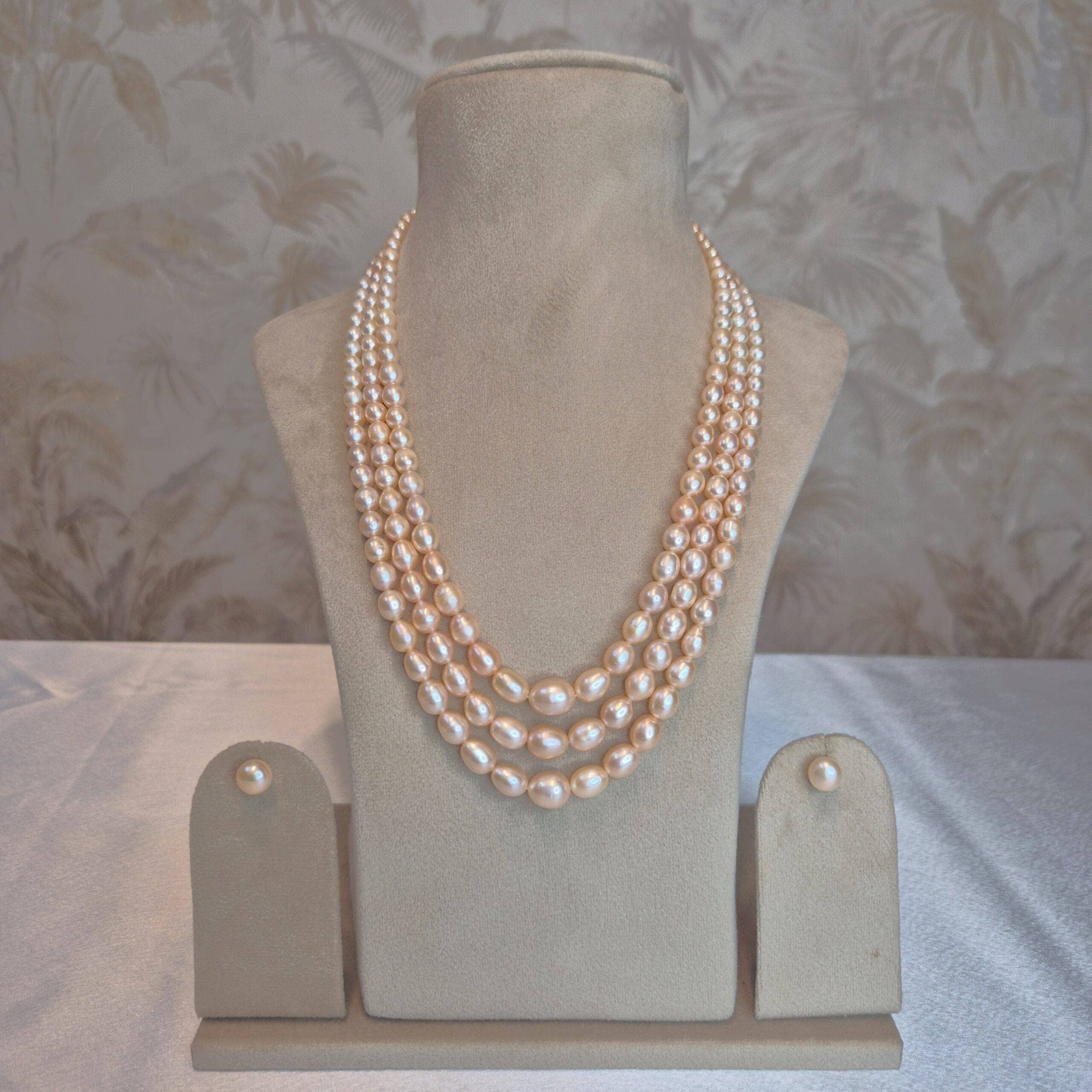 Exquisite 3Row 20Inch Long Necklace Featuring Graduated Peach Oval Pearls - Image 3