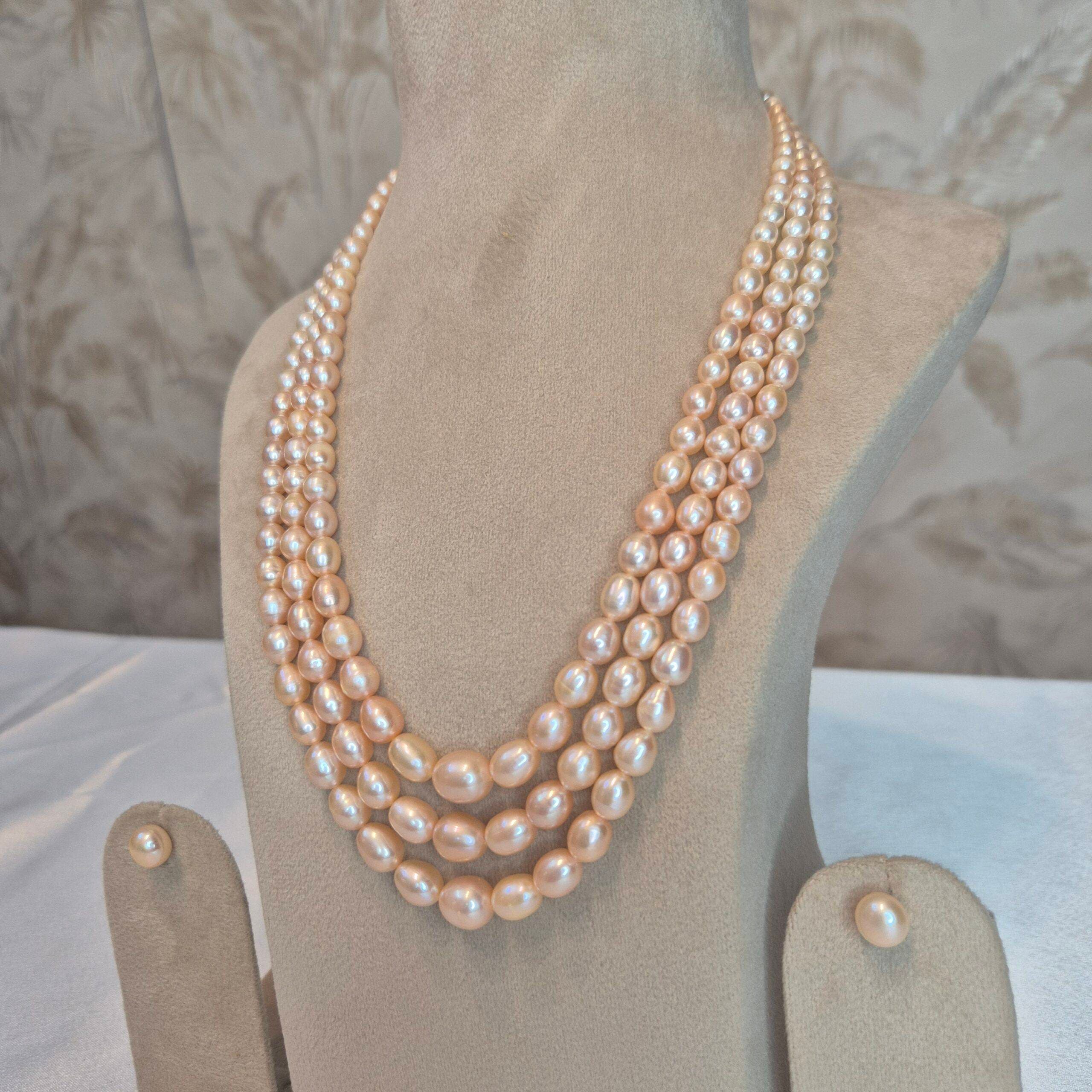 Exquisite 3Row 20Inch Long Necklace Featuring Graduated Peach Oval Pearls - Image 4