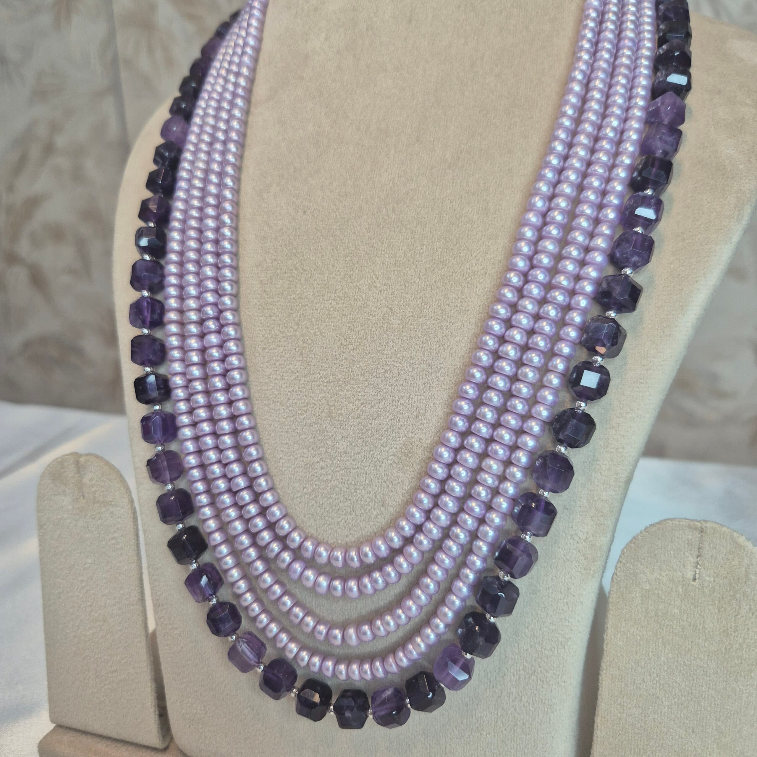 Regal Multi-Layer Light Purple Pearls 27Inch Long Necklace With SP Amethyst Beads - Image 2
