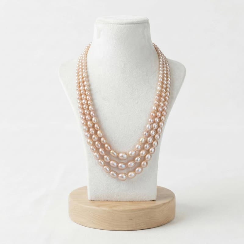 Exquisite 3Row 20Inch Long Necklace Featuring Graduated Peach Oval Pearls - Image 2