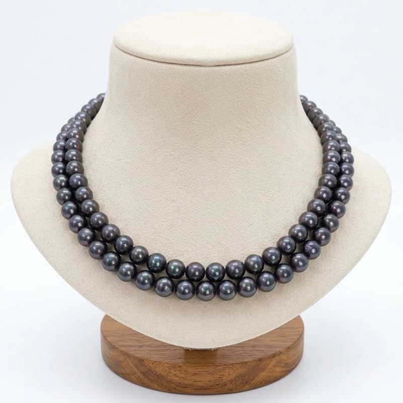 Impressive Blackish Green 8.5mm Round Pearls 18Inch 2Row Necklace