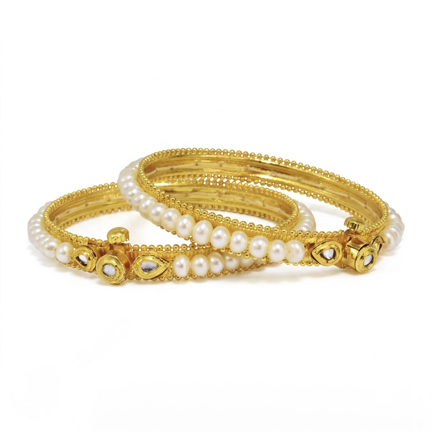 Adjustable Pearl bangles in white round pearls and kundans