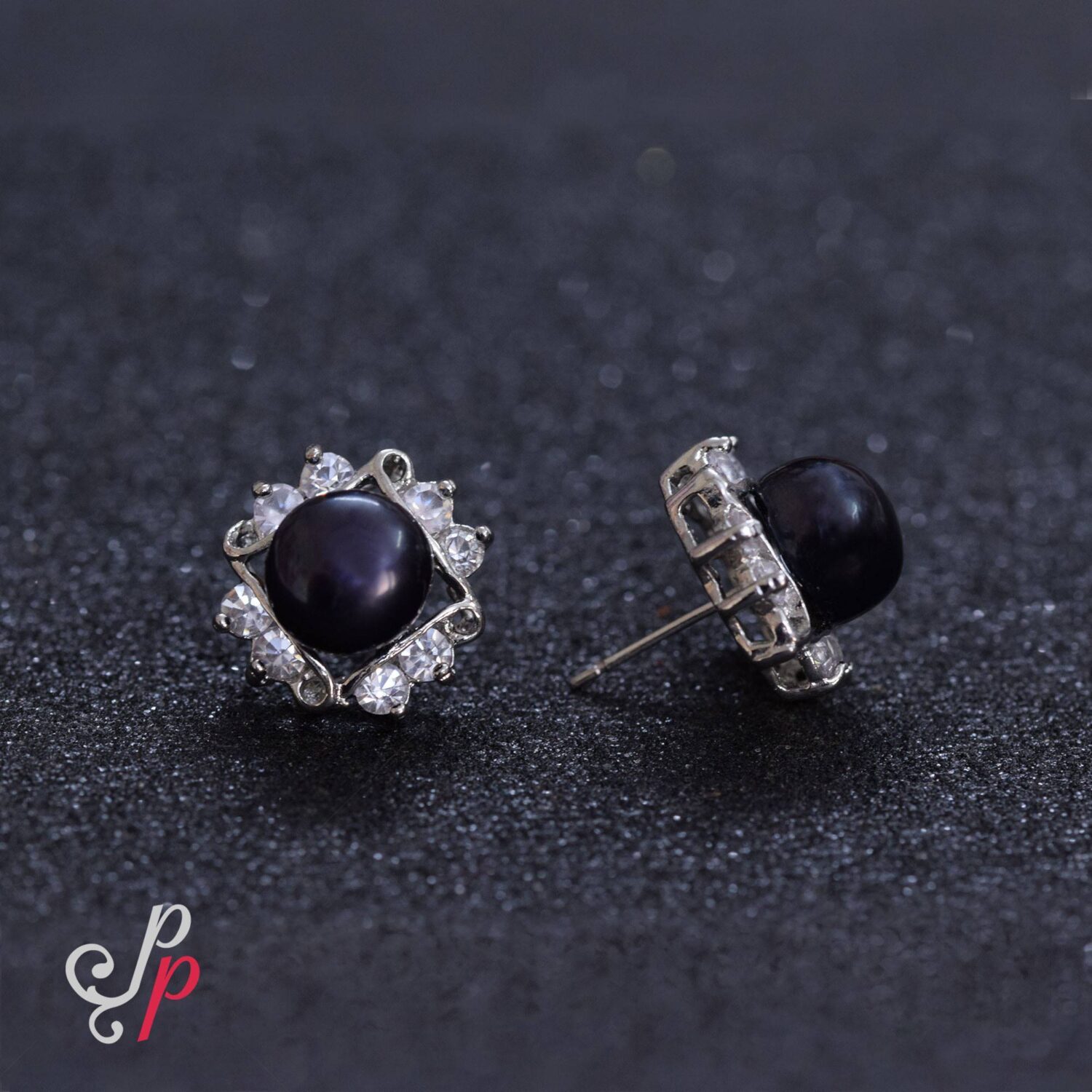 Black pearl Studs with Beautiful American Diamonds - Image 2