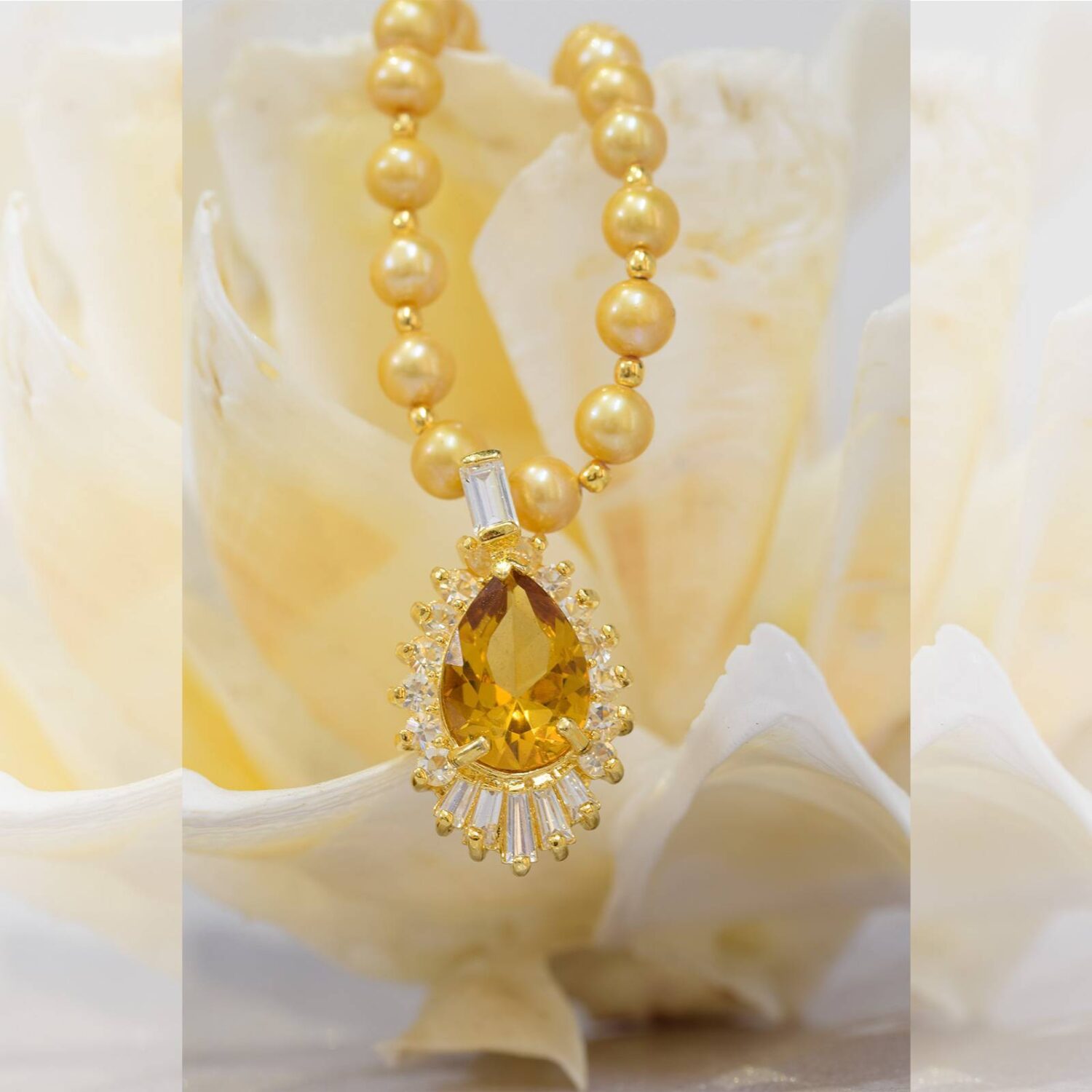 Pearl Necklace Set in Dark Golden Coloured Pearls and Topaz Like Stone Pendant - Image 2