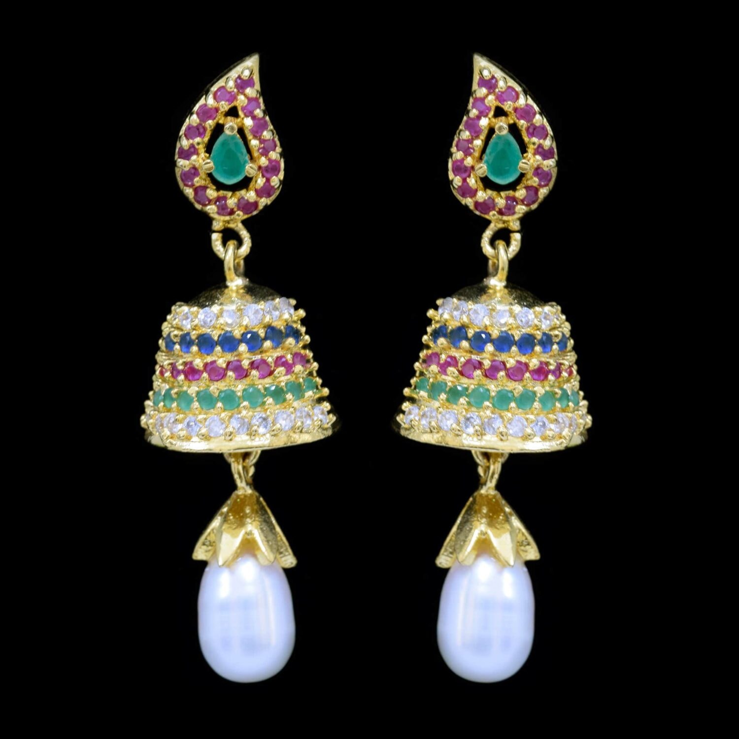 Beautiful Pearl Jhumkas in Rubies, Emeralds and American Diamonds - Style 1