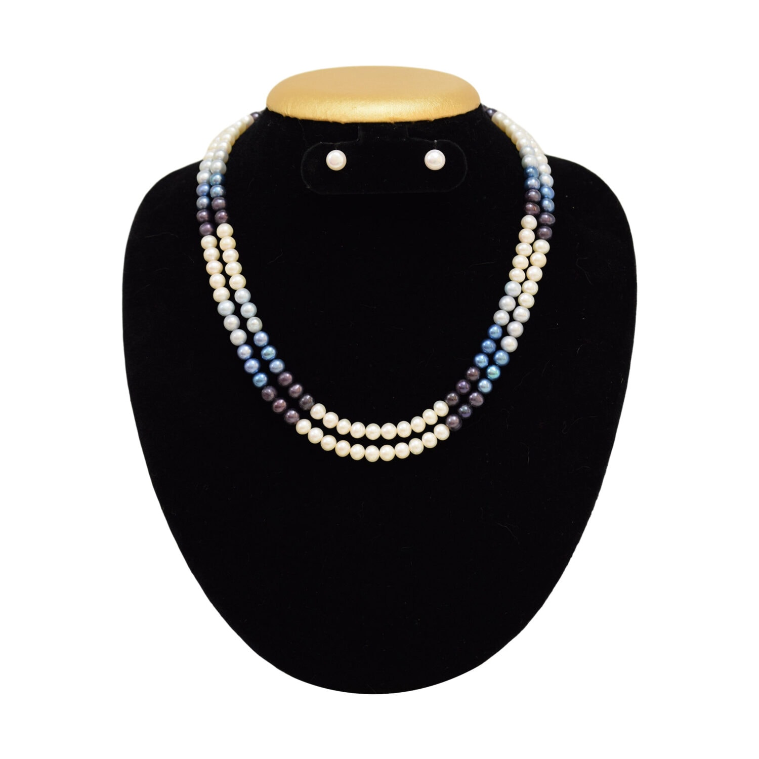 Very Stylish 2 Line Pearl Necklace Set with White and Blue Pearls