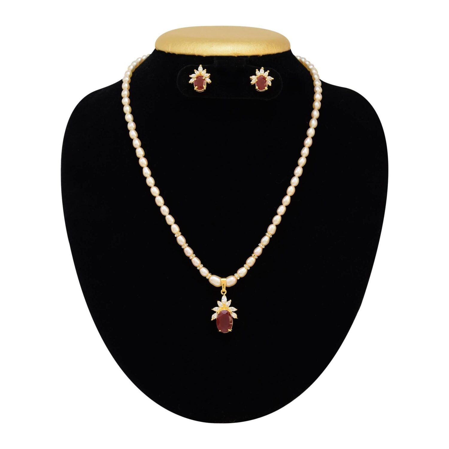 Beautiful Pink Pearl Necklace Set in Oval Pearls and Ruby Pendant