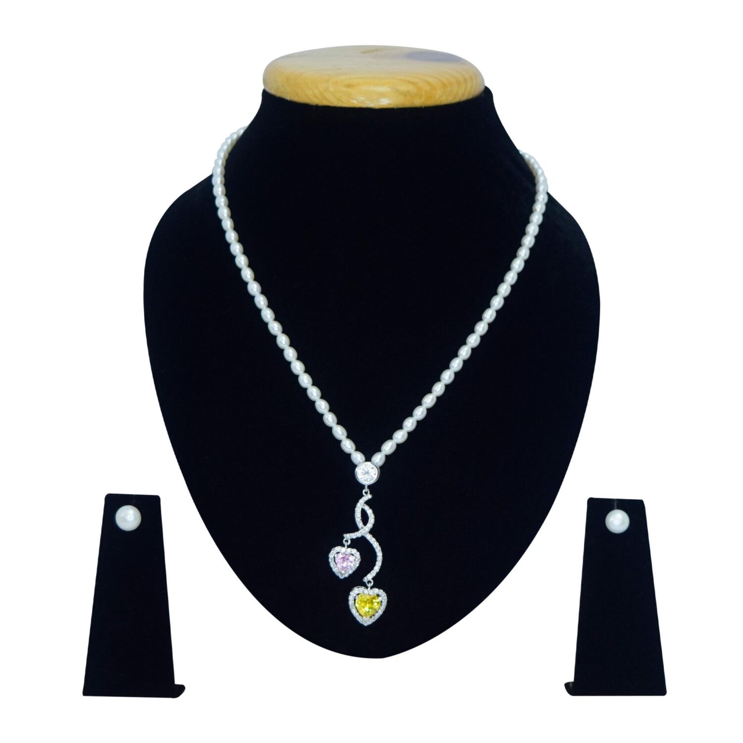 Stylish White Pearl Necklace With Cute Hearts Entwined Pendant