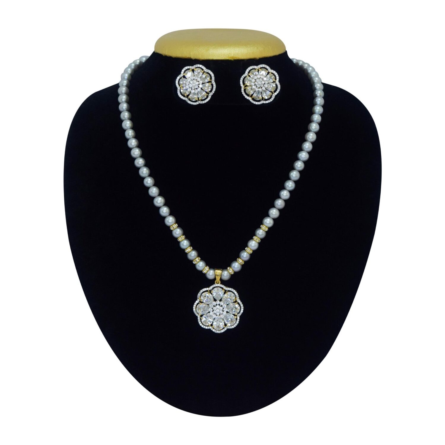 Lustrous Round Steel Grey Pearl Necklace with Zircon Pendant