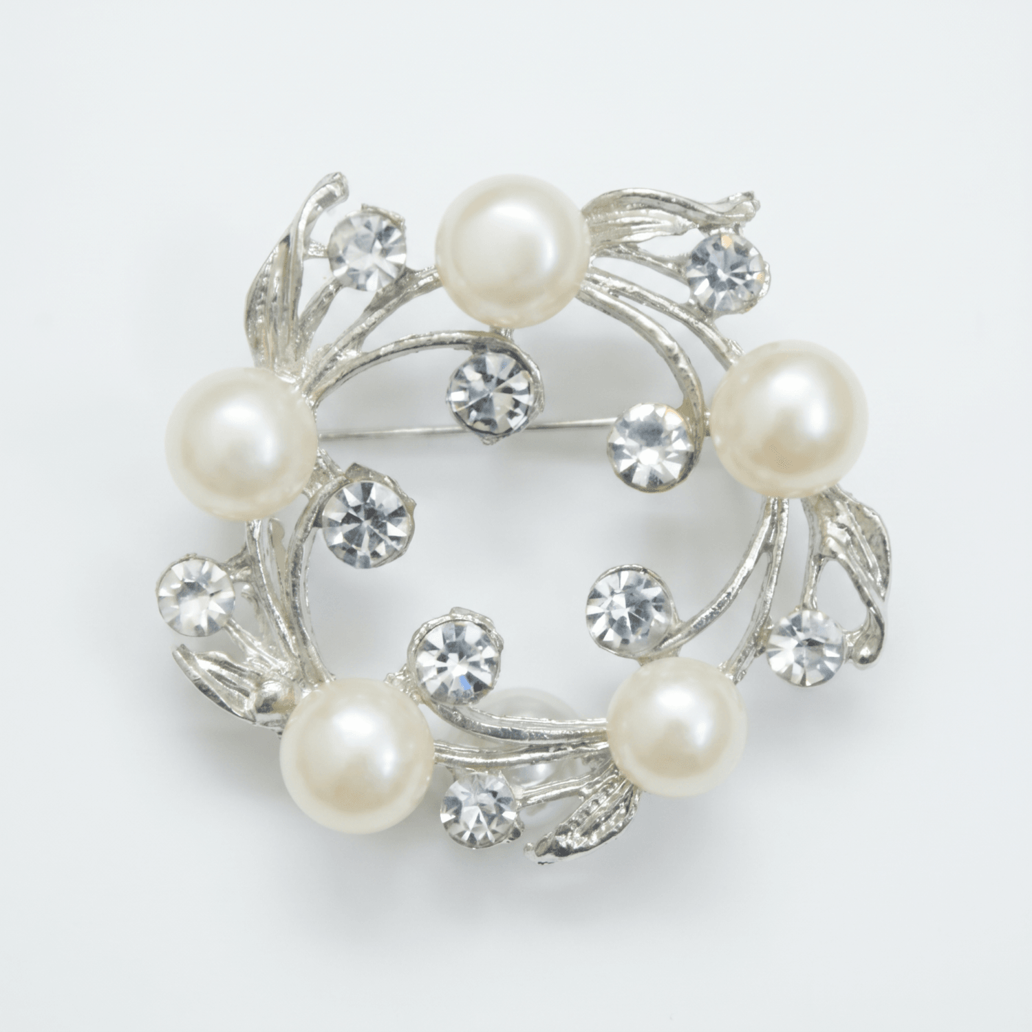 Ornate Wreath Brooch With White Pearls & American Diamonds