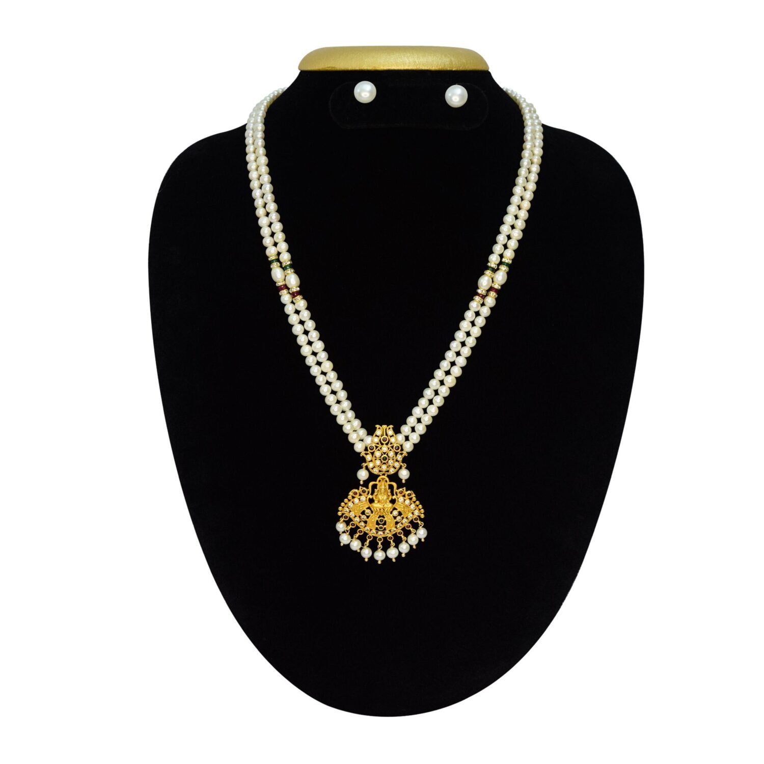Elegant Dual-strand White Pearls Mala With Traditional Lakshmi Pendant