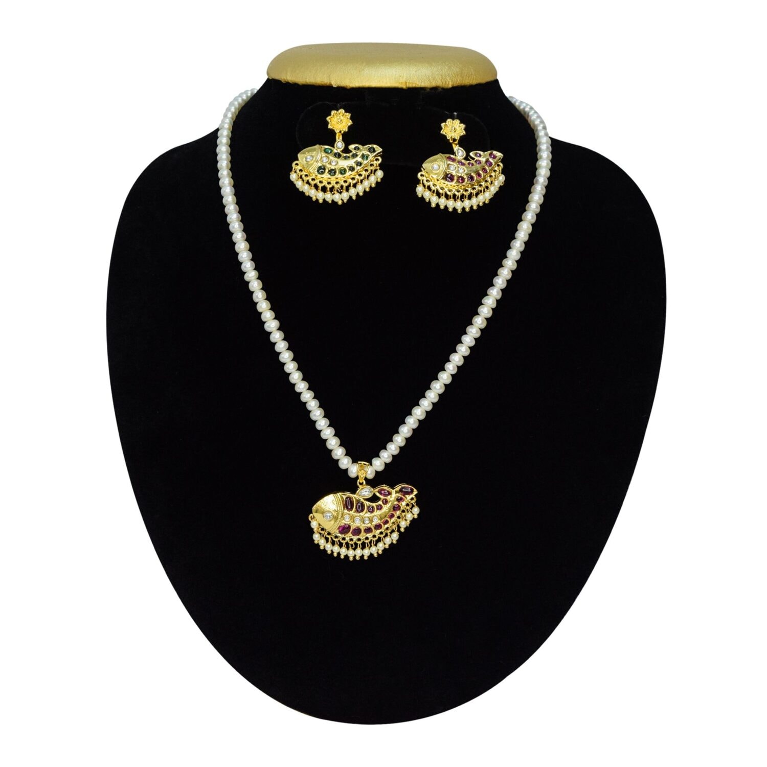 Marvelous White Pearls Necklace With Reversible Fish Kundan Pendant
