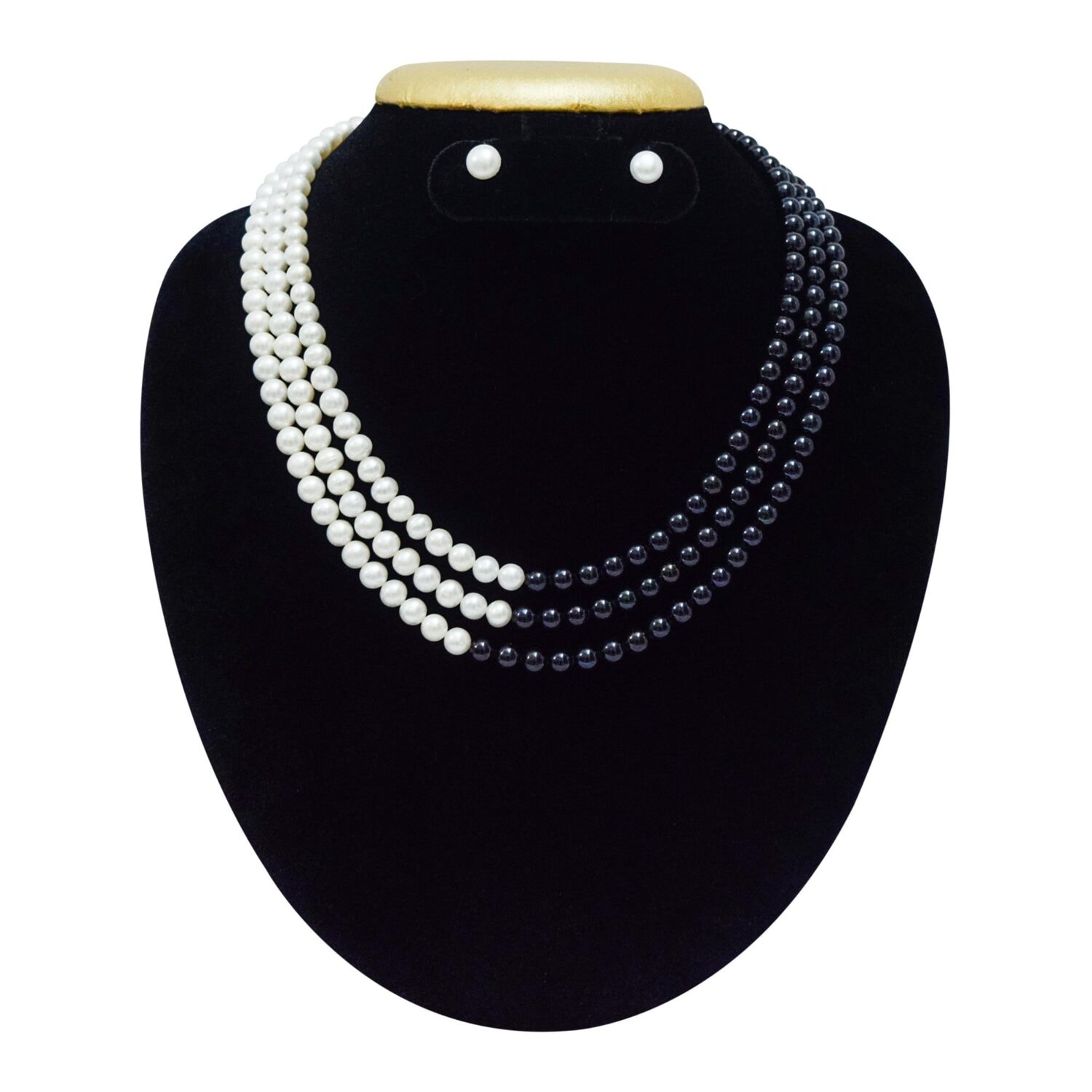 Yin-Yang Triple Layer Pearl Necklace With White And Black Pearls