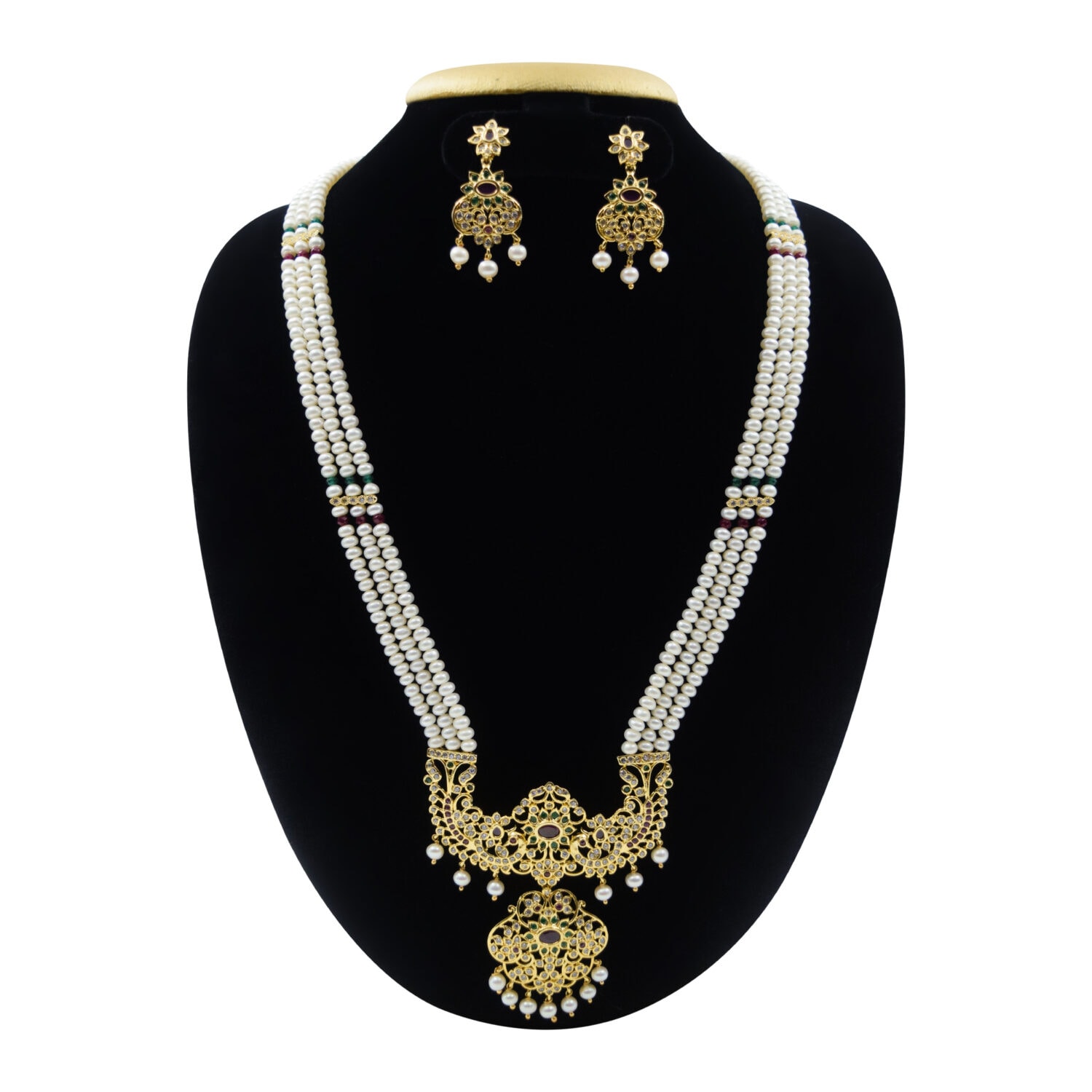 Ornate Triple Row White Pearl Haar With Traditional peacock pathakam