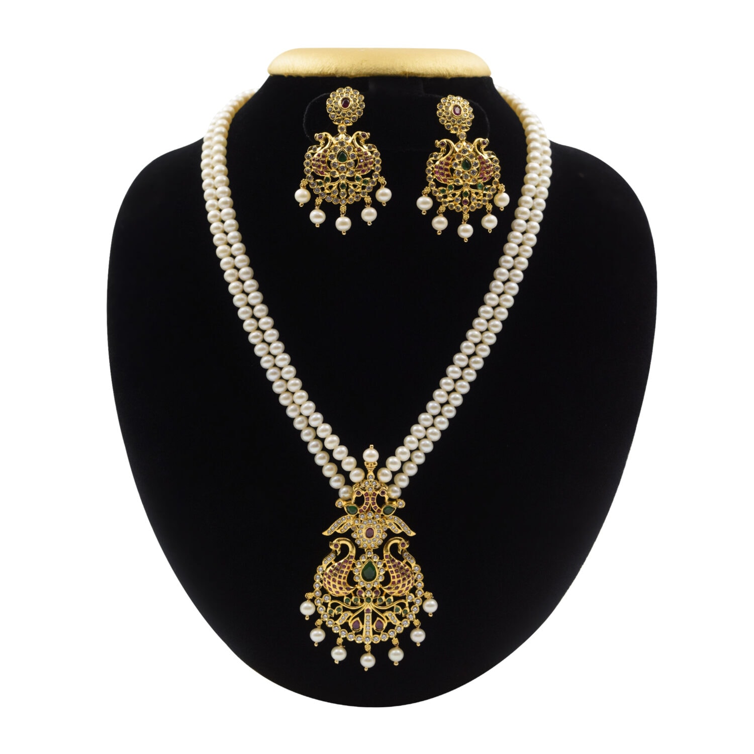 Ethereal White Round Pearl Necklace With Peacock Pendant