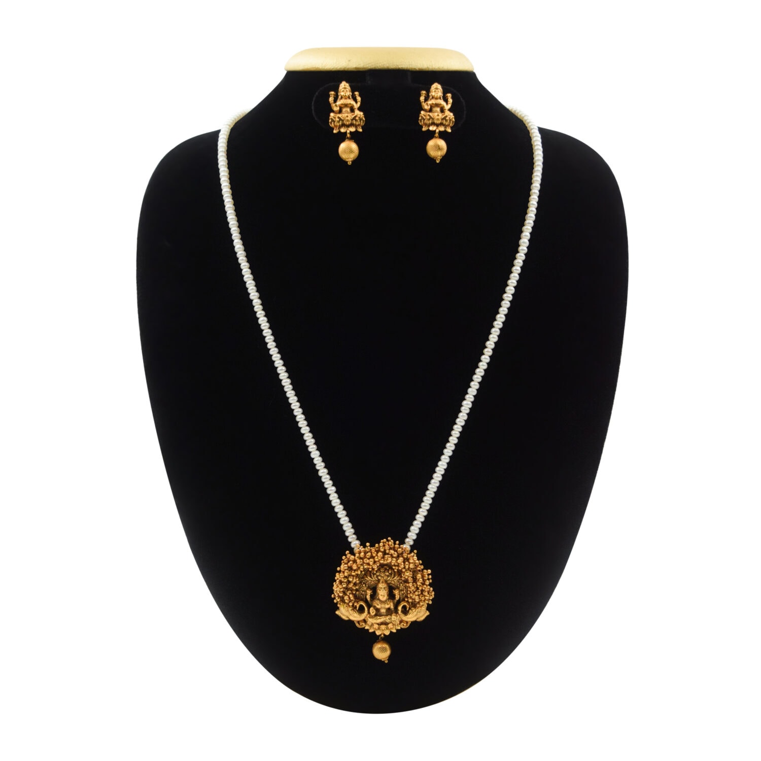 Divine White Pearls Necklace With Golden Matt Lakshmi Pendant