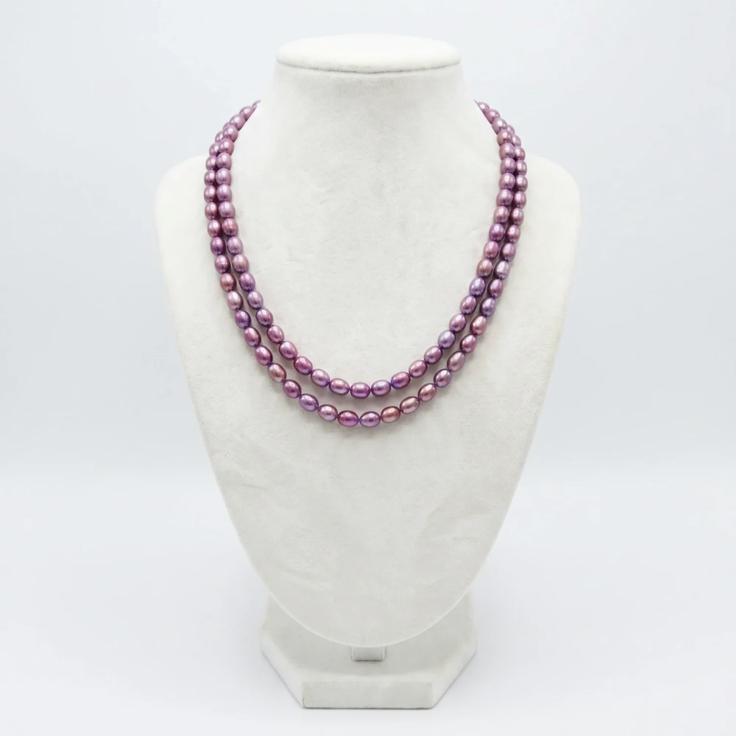 Stunning 2row Necklace With 7.5mm Oval Magenta Pearls