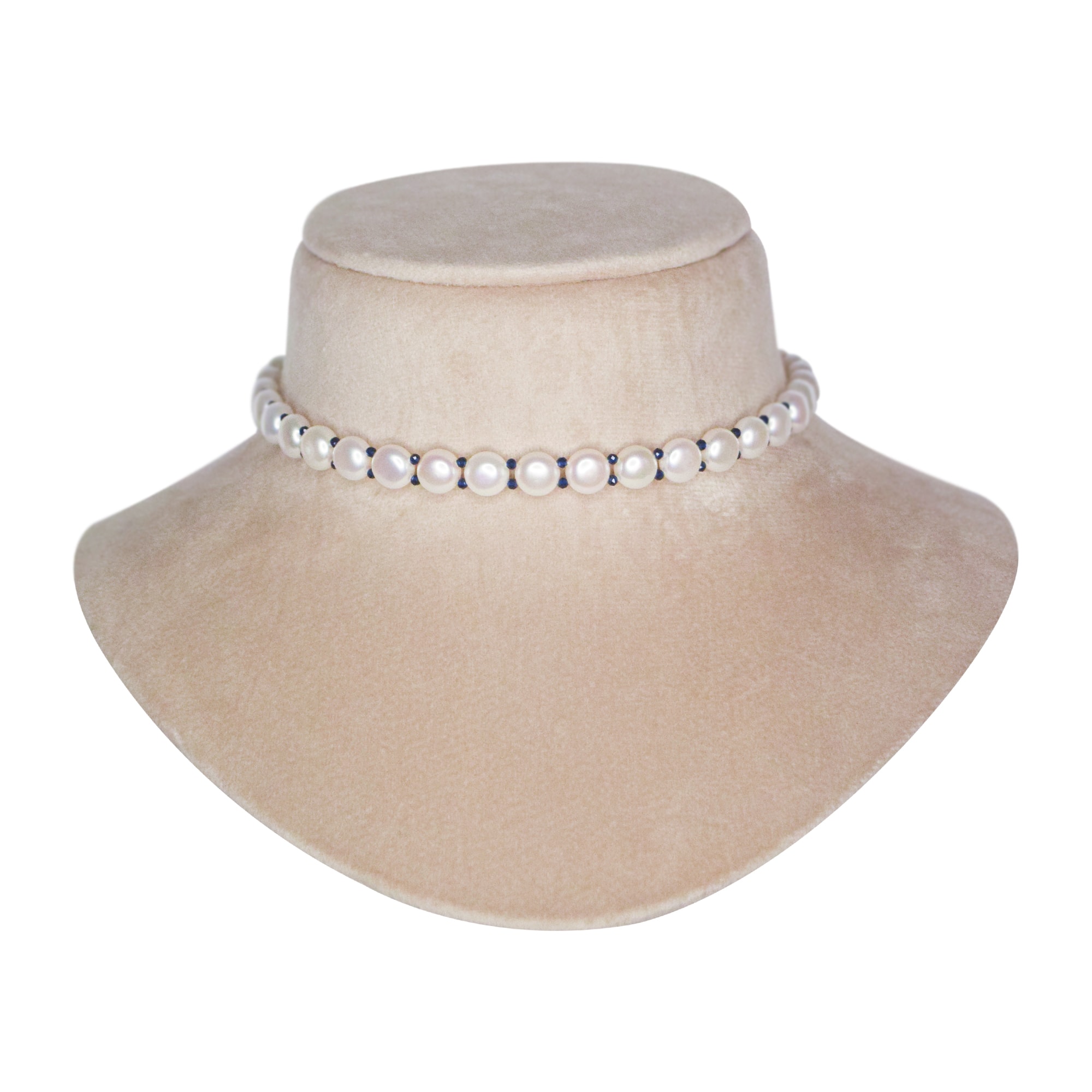 Subtle White 8.5mm Button Pearls Choker With Blue CZ Crystals