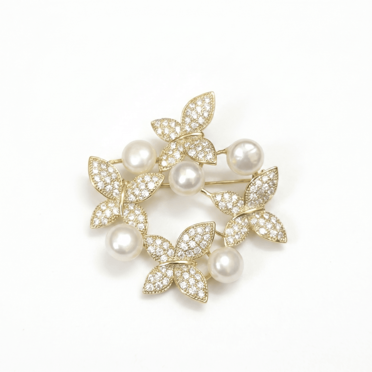 Whimsical Brooch With White Button Pearls & Butterfly Studded Zircons
