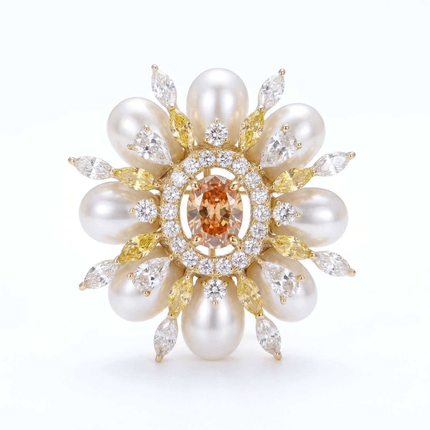 Glistening Golden Finish Brooch With White Oval Pearls & CZ's