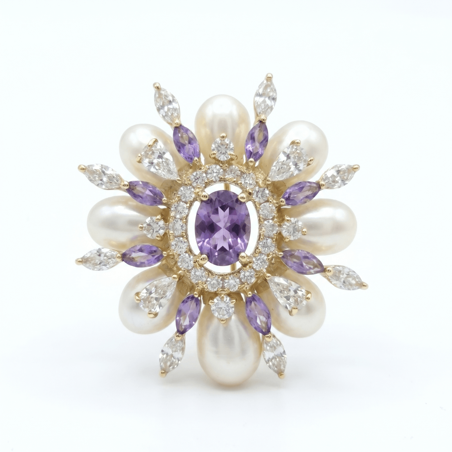 Glimmering Golden Finish Brooch With White Oval Pearls & CZ's