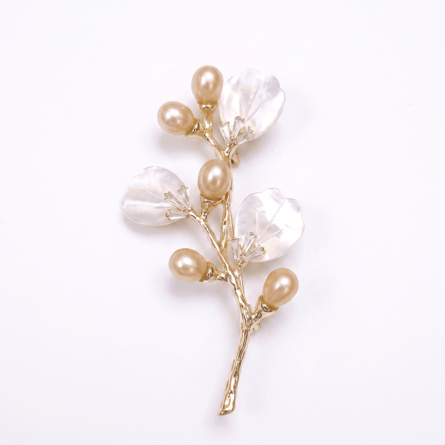 Gorgeous Peach Oval Pearl Brooch With Mother Of Pearl Leaves & CZ