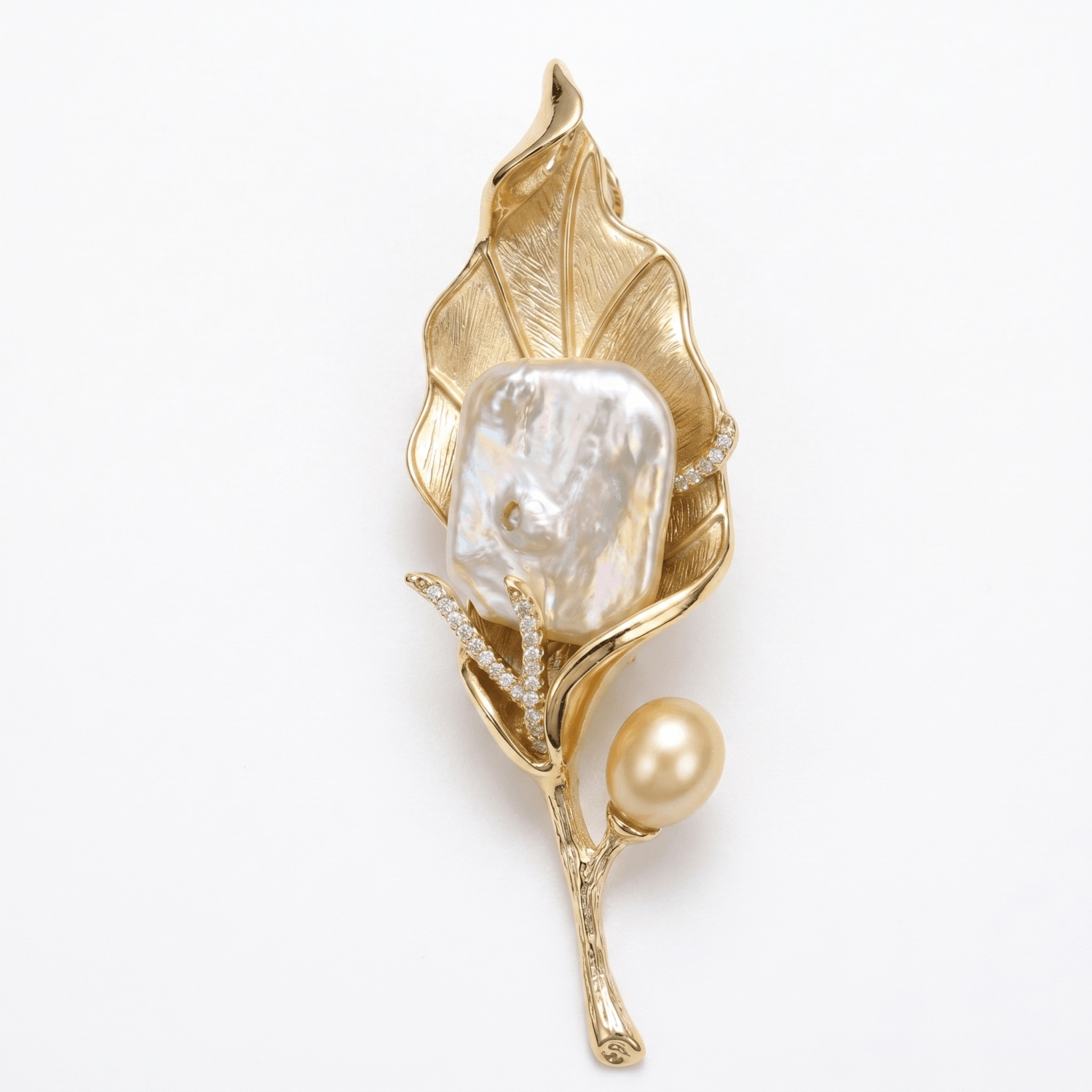 Muted Matte Golden Leafy Brooch With Baroque Pearl & CZ