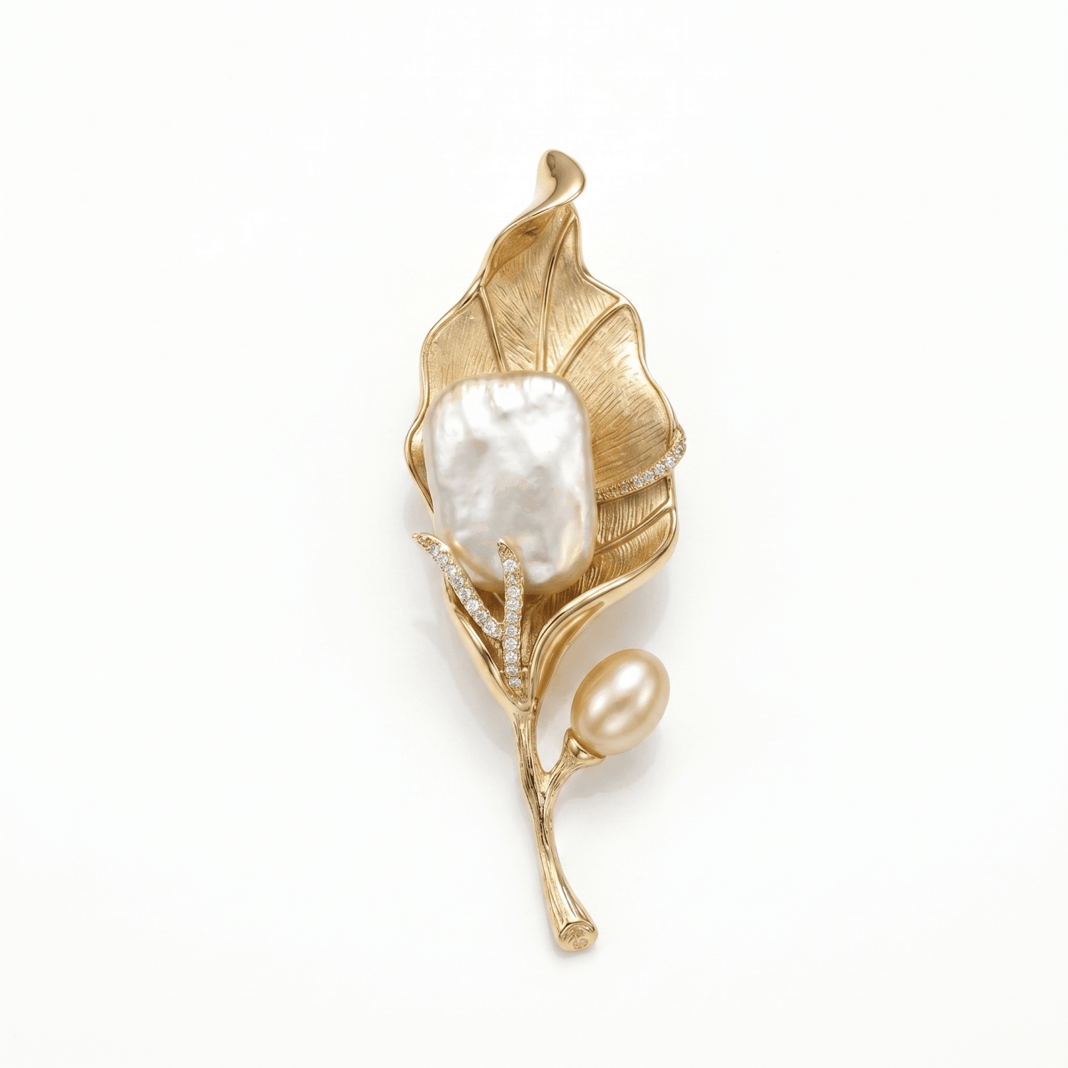 Sophisticated Matte Golden Leafy Brooch With Baroque Pearl & CZ