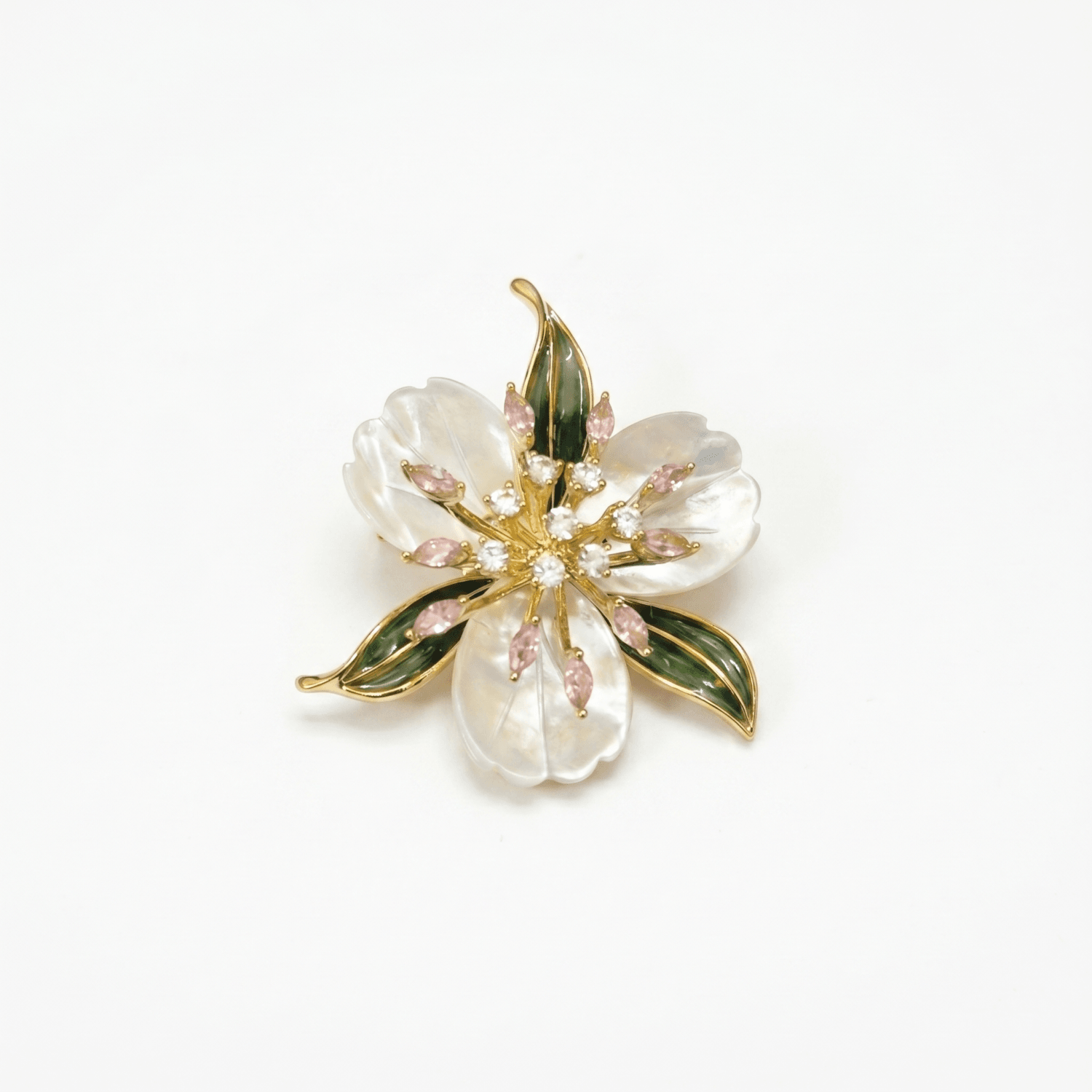 Delicate Mother Of Pearl Brooch With Enameled Leaves & CZ