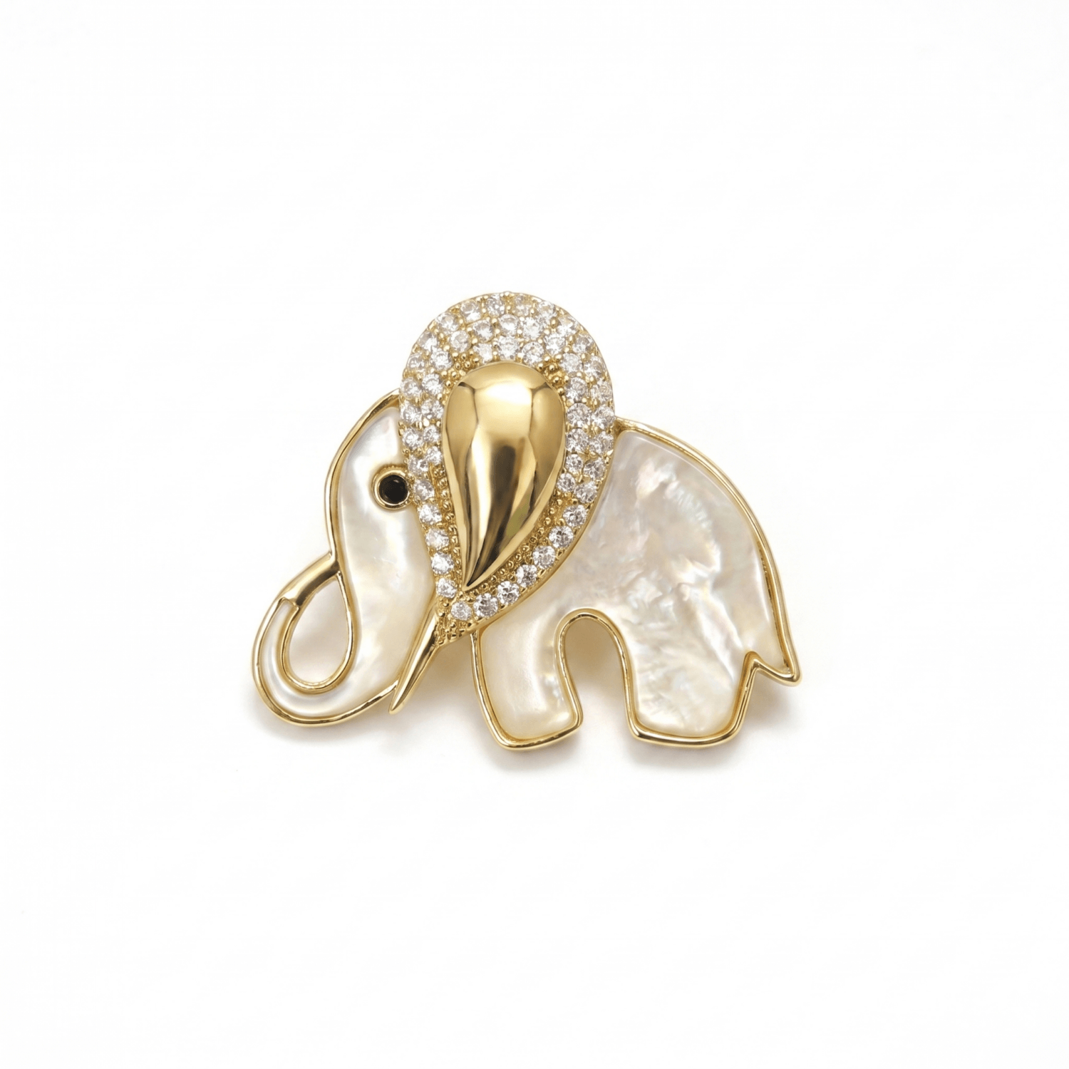 Cute Mother Of Pearl Elephant Brooch Enhanced With Zircons