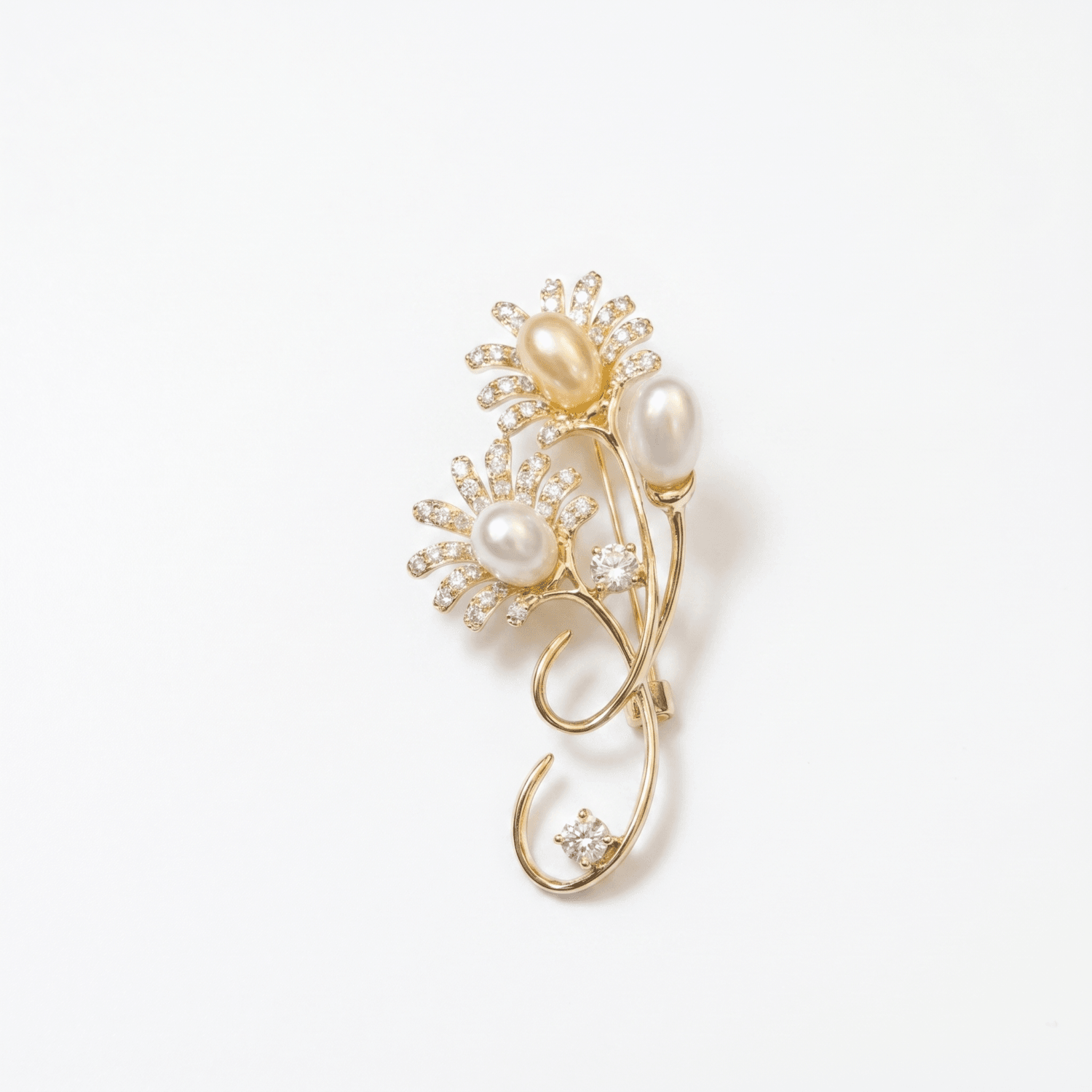Pretty Floral Brooch Enhanced With Oval Pearls & CZ