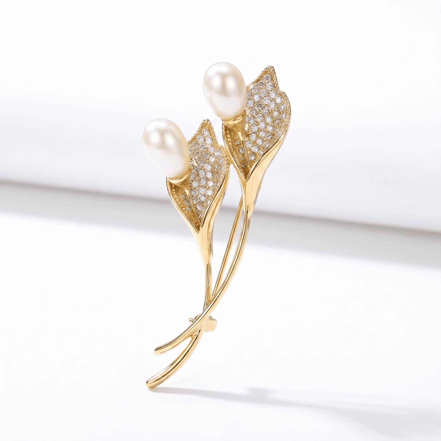Beautiful Calla Lilly Brooch Enhanced With White Oval Pearls & CZs